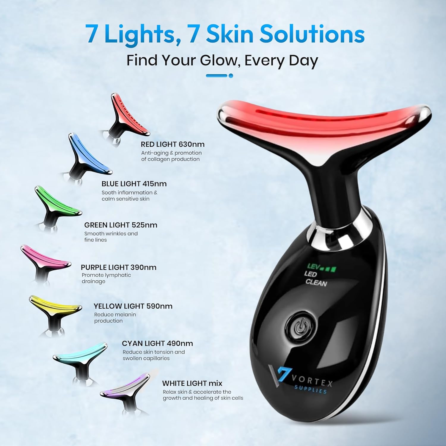 7-in-1 LED Face & Neck Massager – Skin Firming, Anti-Aging, Vibration & Heat Facial Tool for Home Use – Red & Blue Light Therapy – Model ES-1081 - Image 2