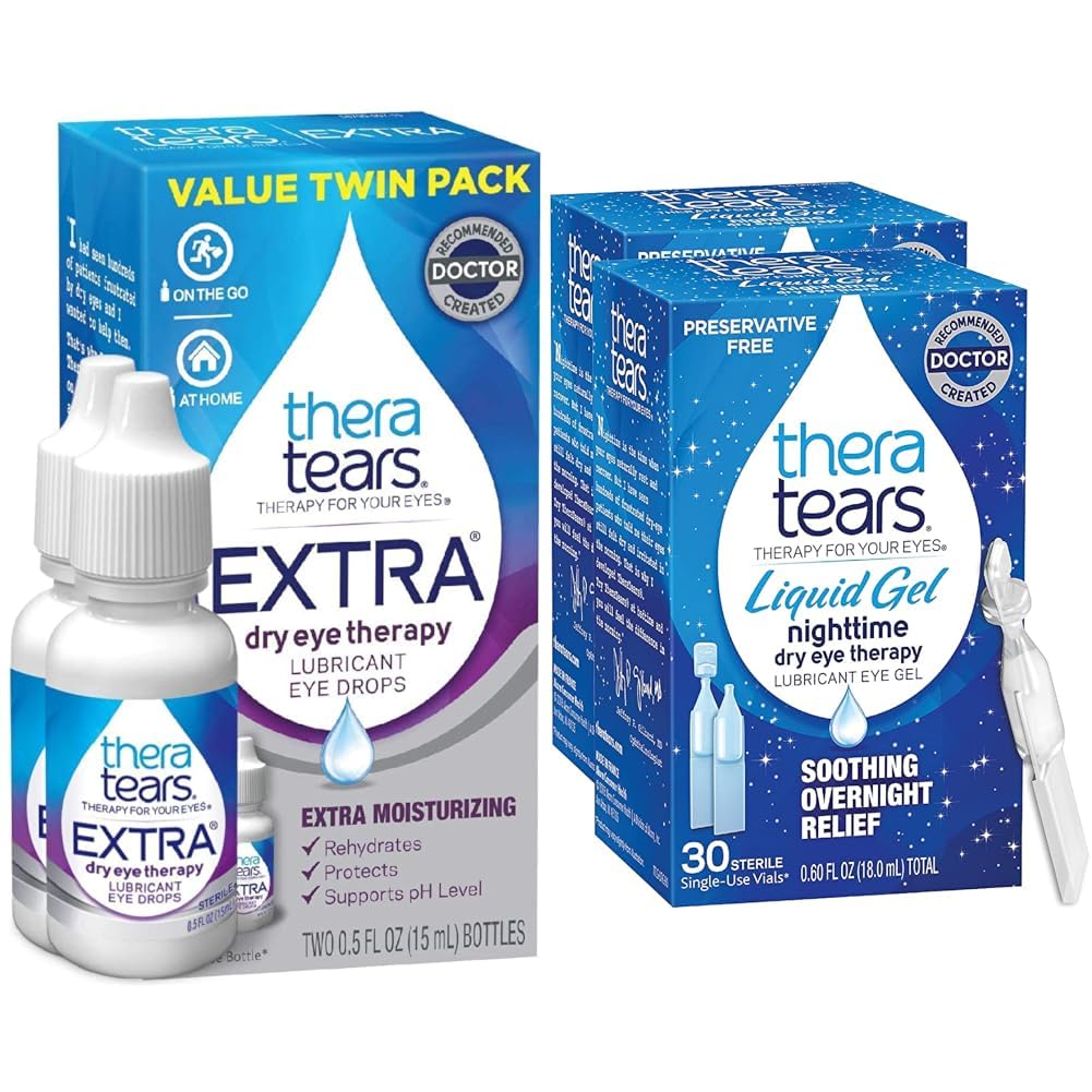 TheraTearsExtra Dry Eye Therapy Lubricant Eye Drops, 0.5 fl oz Bottle, 2 Count Liquid Gel Nighttime Eye Drops, 30 Vials, 60 Count