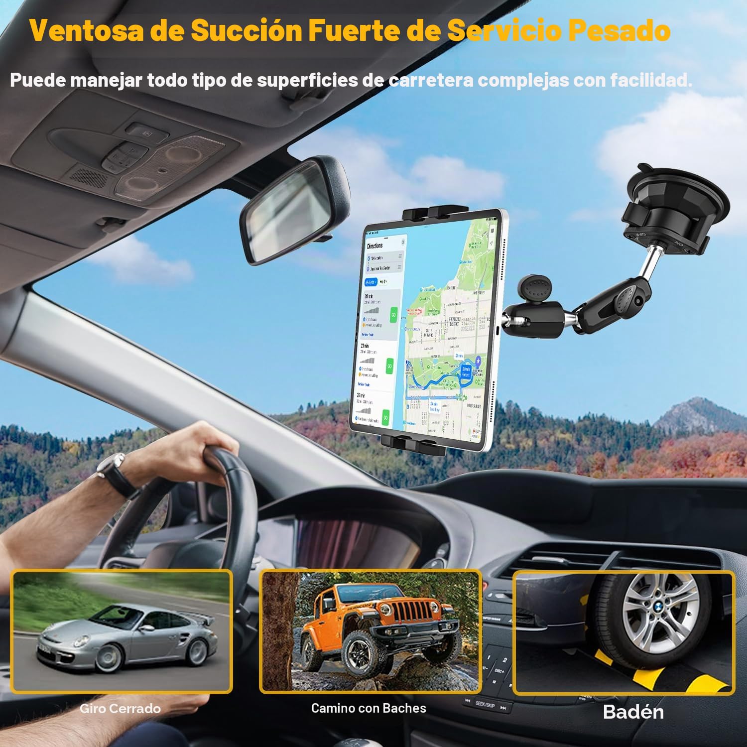 Soporte Tablet Ventosa Fuerte - Brazo Ajustable & Durable | Salpicadero Parabrisas Soporte Tablet Coche/Camion para iPad, Galaxy Tab, Lenovo, Móviles y Tabletas de 4 a 12.9"
