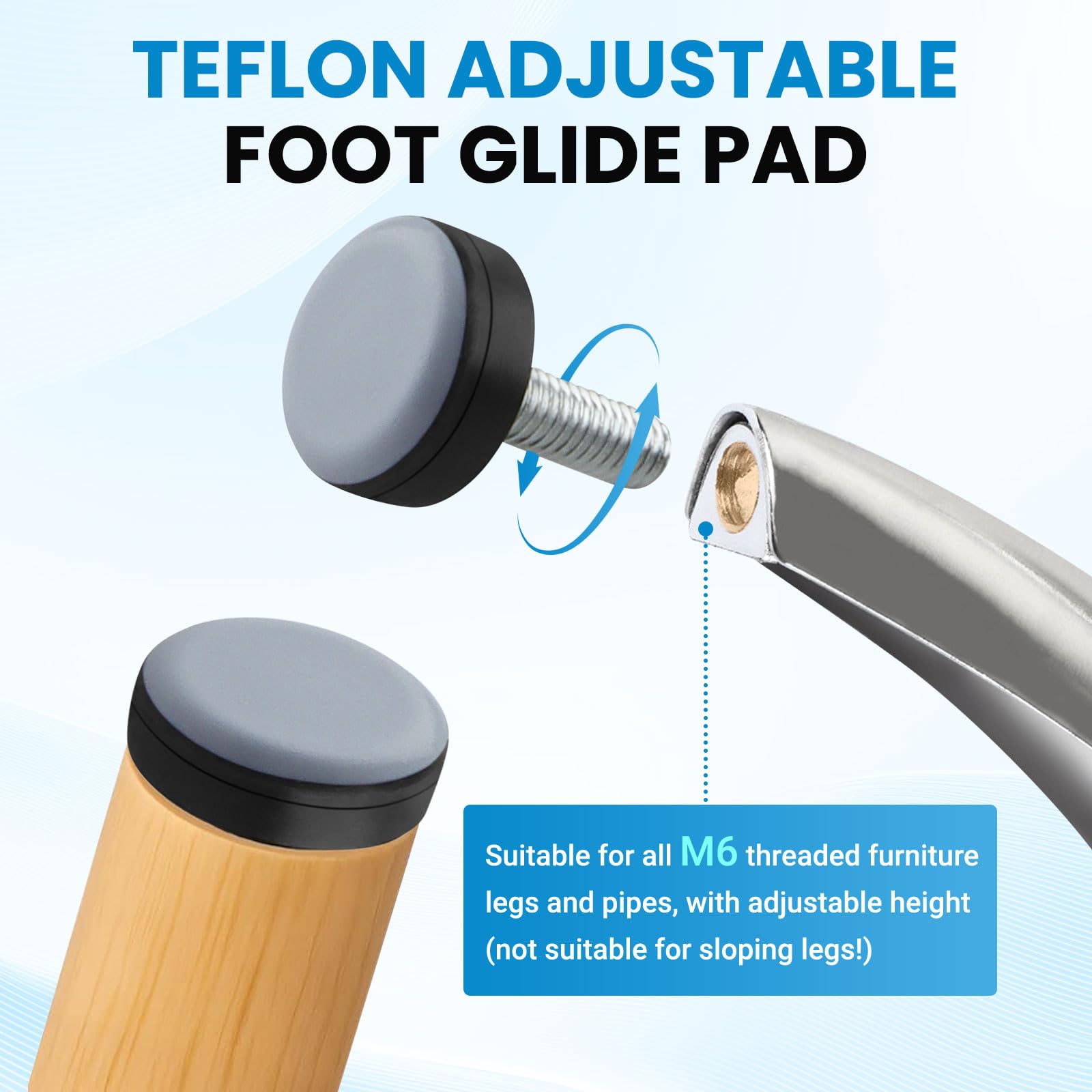 24 Pezzi Scivoli per Mobili in Teflon M6 Ø 20mm Piedini in PTFE con Filettatura Girare M6 Ø 20mm Feltrini in Teflon da Filettatura Feltrini per Mobili Pesanti teflon