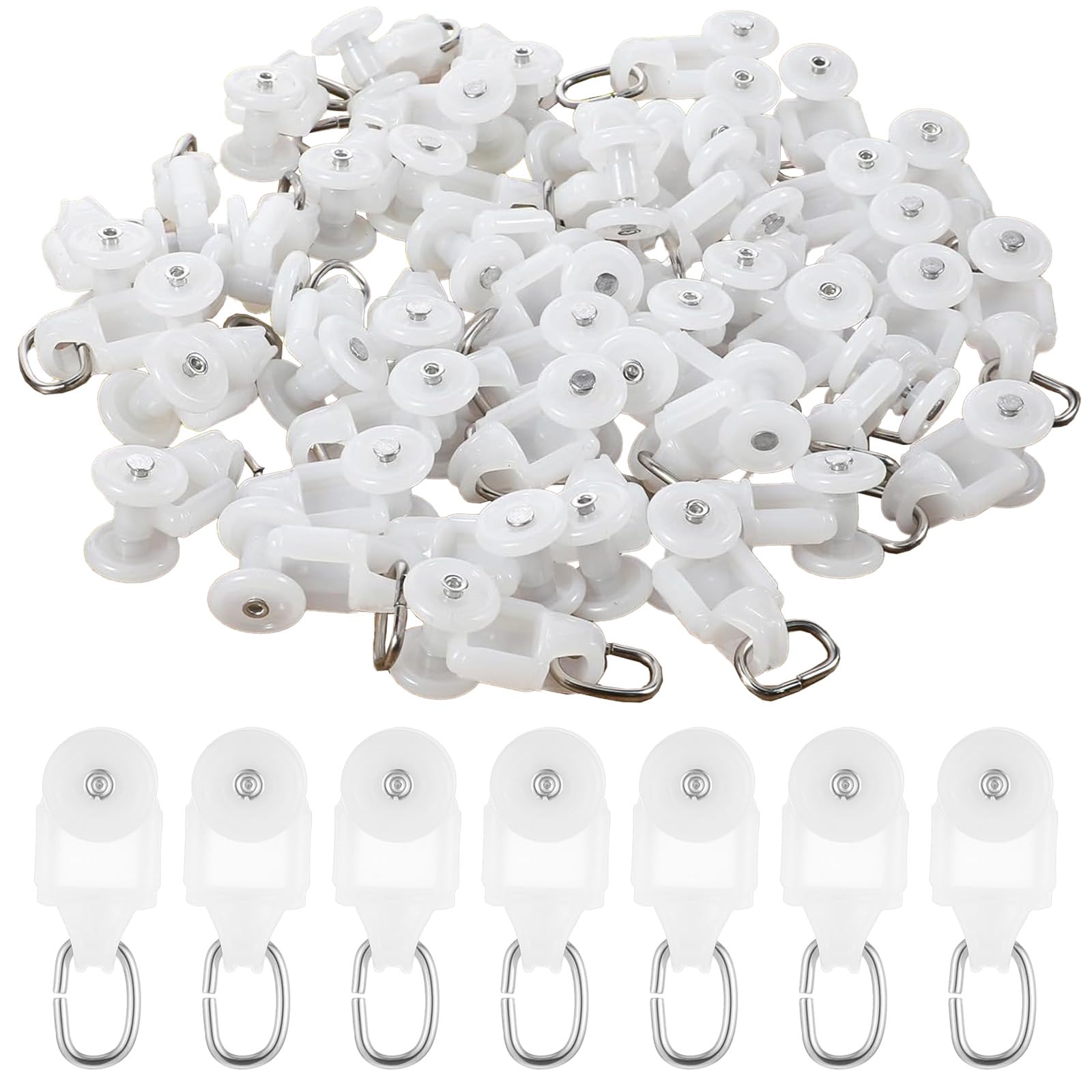 60 Pcs Curtain Track Rollers & Gliders, Silent Dual Wheel Plastic Sliding Pulleys for 23x28mm Rails, Ceiling Drapery Hooks for Tracks, Wardrobe & Room Dividers
