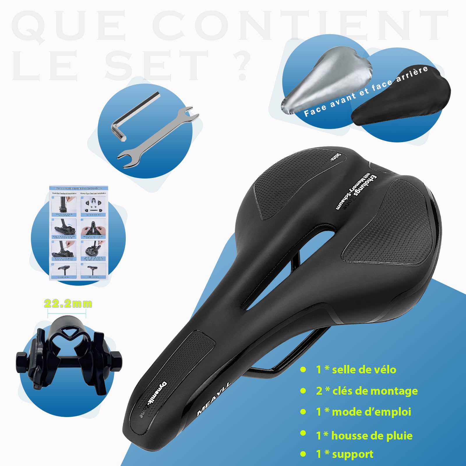Selle de Vélo Confortable Homme Femme, 2026 Selle VTT Ergonomique avec Mousse à Mémoire de Forme et Répartition Optimisée de la Pression, pour Trekking, VTT, Vélo de Route et Sorties Intensives