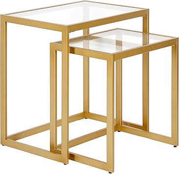 Henn&Hart Rectangular Nested Side Table in Brass, Table for Living Room, Bedroom | Nested set of two tables with glass tops and a sleek metal frame for displaying in living rooms, offices, or family rooms