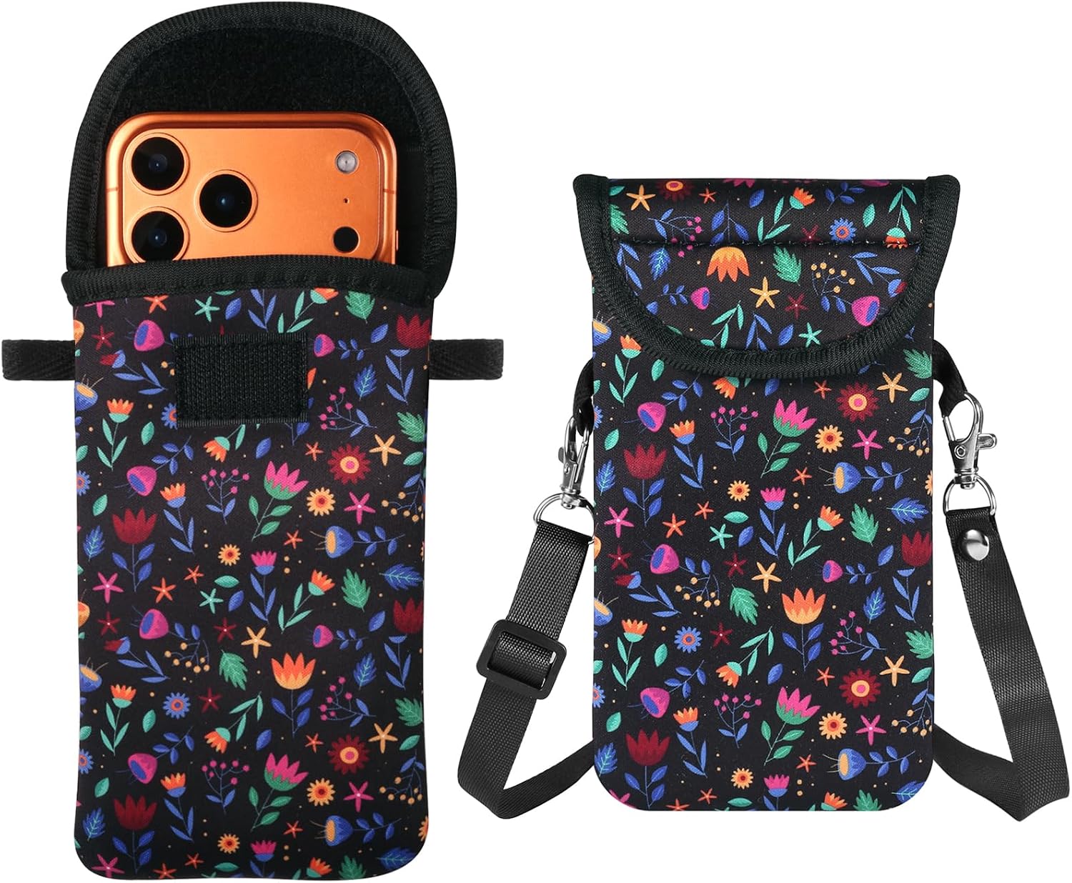 Neoprene Phone Sleeve Bag Pouch Case with Crossbody Strap Compatible for iPhone 17 Pro Max Air 16 Plus/Galaxy S26 Ultra / S26+ S25 FE A17 A36 A56 / Pixel 10 Pro XL/OnePlus 15 13 (Black)