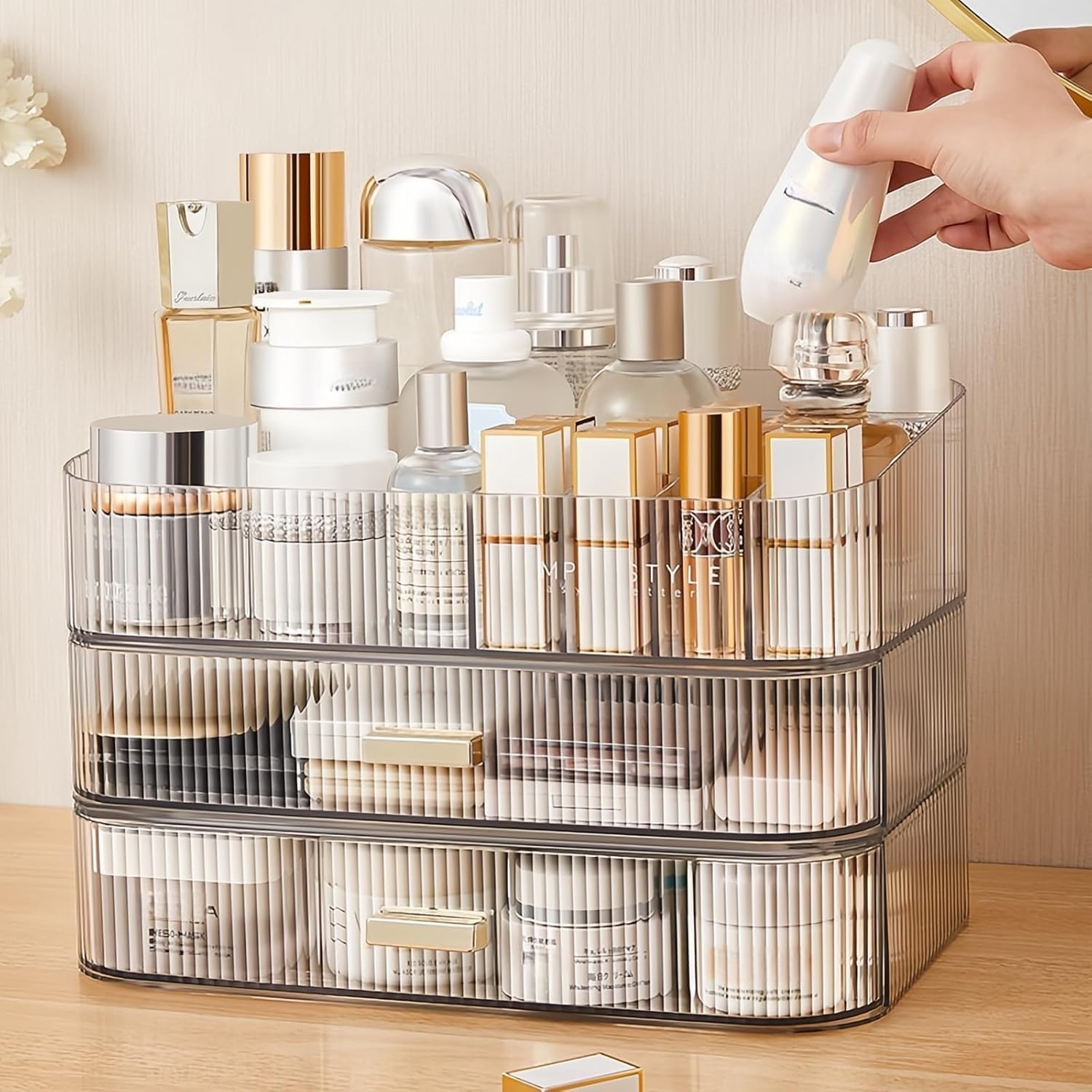 Clear Makeup Organizer for Vanity, Large Desk Organizer with Stackable Drawers for Cosmetics, Skincare, Lipsticks, Eyeshadow Palette, Nail Care, Ideal Storage for Dresser and Bathroom Countertop