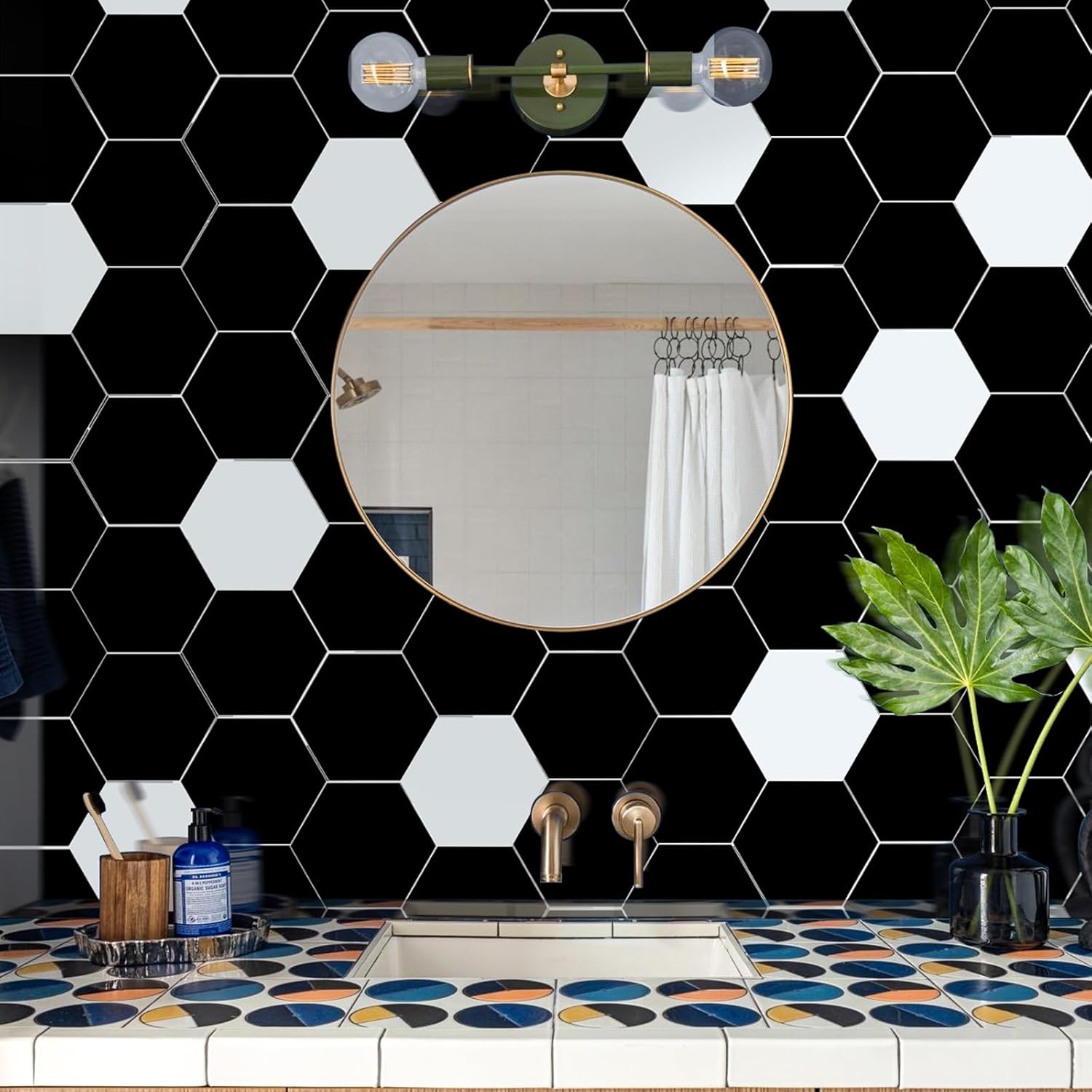Large Hexagon Peel and Stick Tile, Glossy Black Ceramic Look Backsplash for Kitchen, Bathroom, Fireplace, RV, Accent Wall Easy to Install, 32-Piece Set