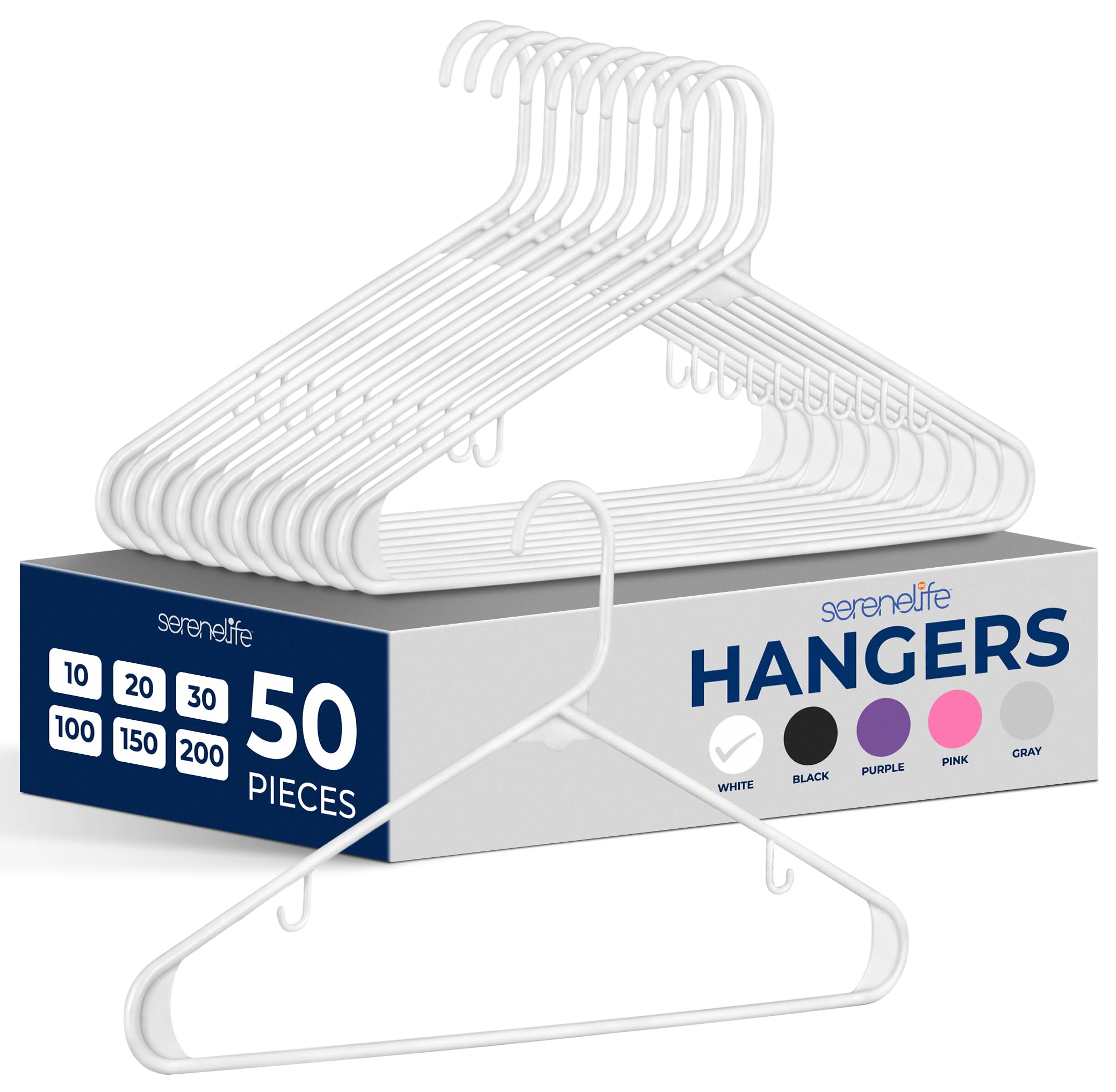 SereneLife Plastic Hangers 50 pcs - Space Saving Durable Tubular Heavy Duty Clothes Hanger Set Ideal for Laundry/Daily Use, Can Hold Up to 5.5 Lbs. for Coats, Jackets, Pants & Dress (White)