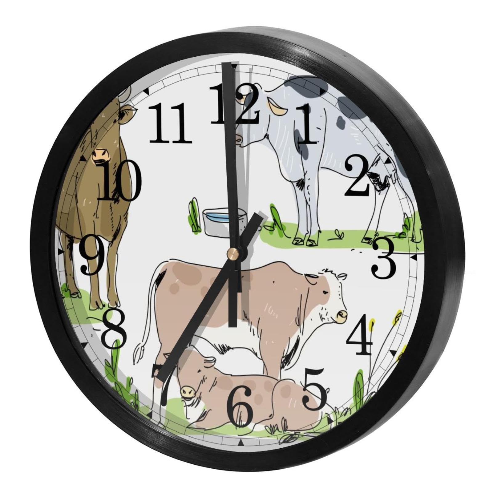 Horloge murale silencieuse à quartz avec motif de vache dessinée à la main
