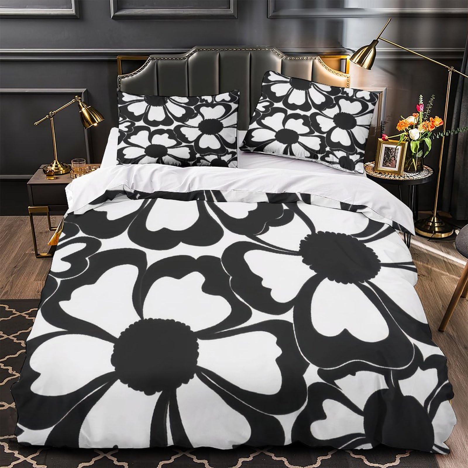MMDASBVPE Black White Flowers Quilt Cover 3D Print Machine Washable 3 Pieces Bed Set Hidden Zipper Comforter Cover Extra Soft Hypoallergenic for Adults Kids Teens Women Youth King（220x240cm）