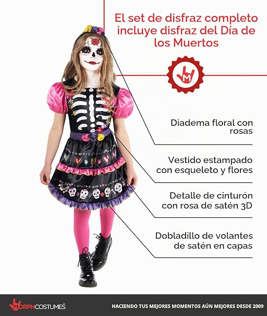 Foto 2 de 8 de Morph Disfraz Catrina Niña, Disfraz de Esqueleto Halloween Niña, 10-12 años