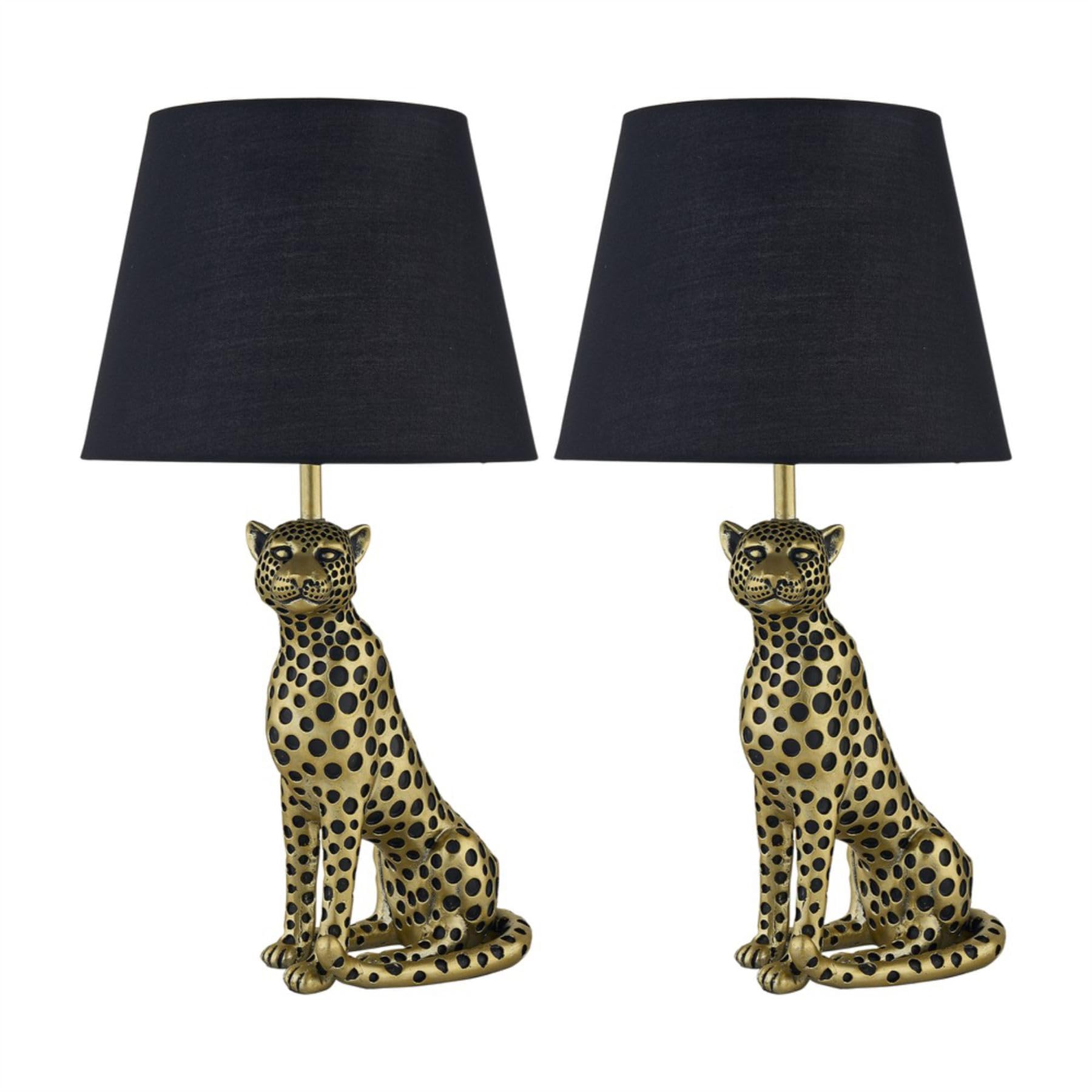 Firstchoicelighting Gold & White Set Of 2 Gold Cheetah Table Lamps Or Bedside Lights With Black Fabric Shades, Resin Base, Height 47Cm, Led Compatible