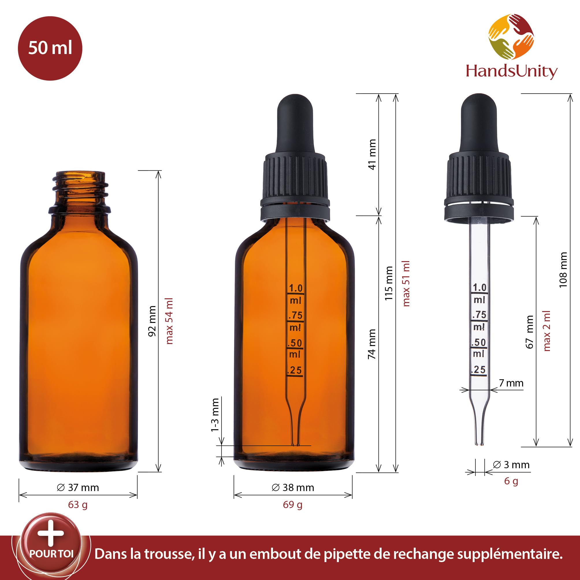 Lot de 6 flacons compte-gouttes de 50 ml en verre teinté marron avec 16 accessoires inclus Flacons de pharmacie