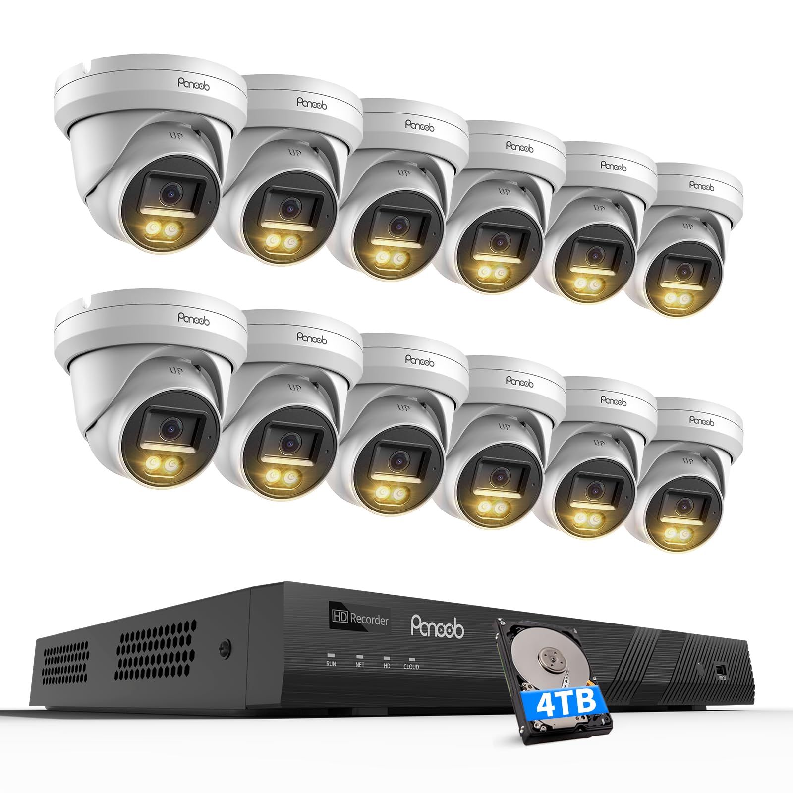 Sistema de cámaras de seguridad PANOOB de 16 canales, 12 cámaras domo IP PoE con cable de 5 MP con foco inteligente, visión nocturna a color, detección de personas con IA, micrófono integrado, acceso remoto, NVR 4K de 16 canales, disco duro de 4 TB, PD93BA1216-5MD