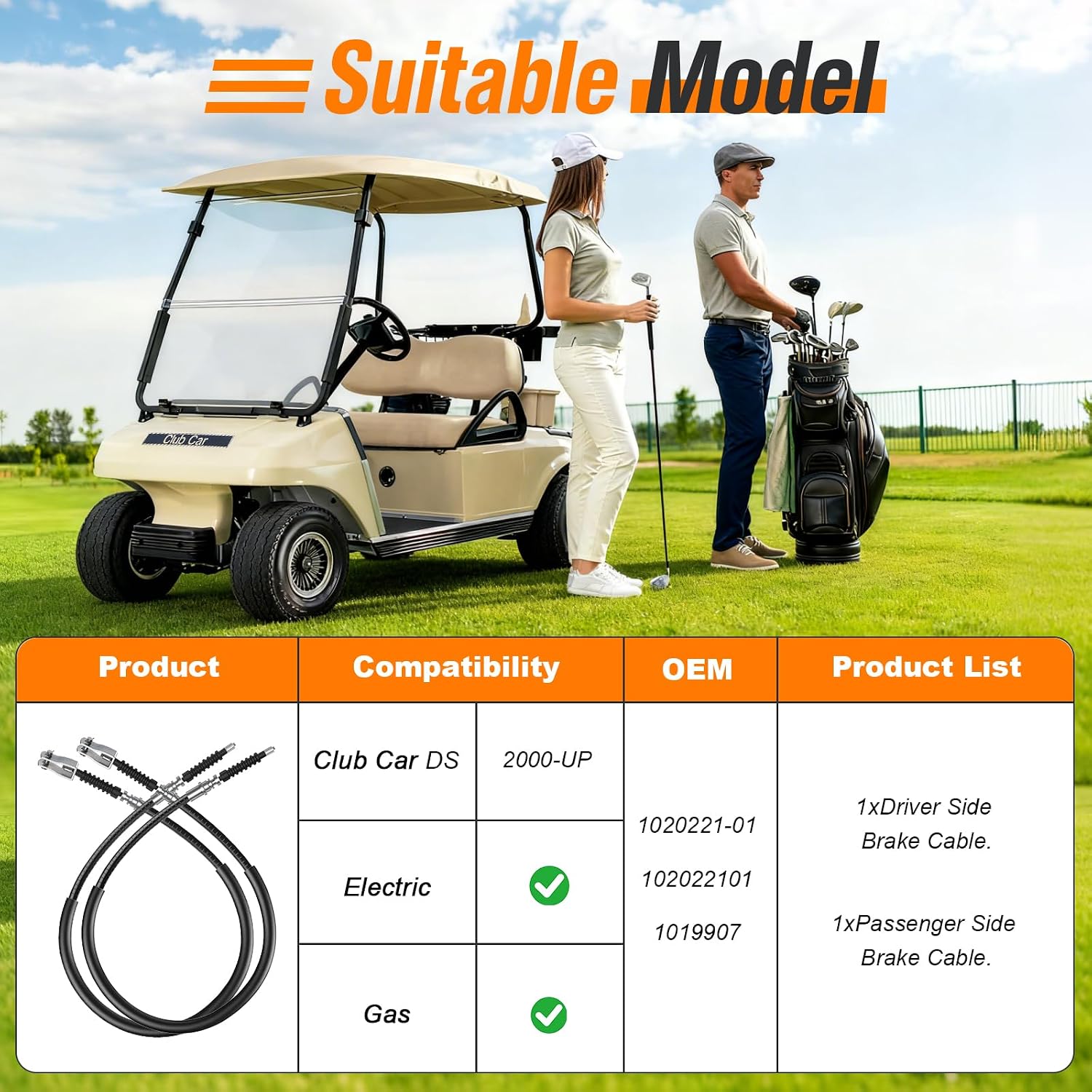 Club Car Brake Cable Set, Golf Cart Brake Cables for Club Car DS 2000-Up Gas & Electric, Driver & Passenger Side Cables, OEM# 1020221-01, 102022101