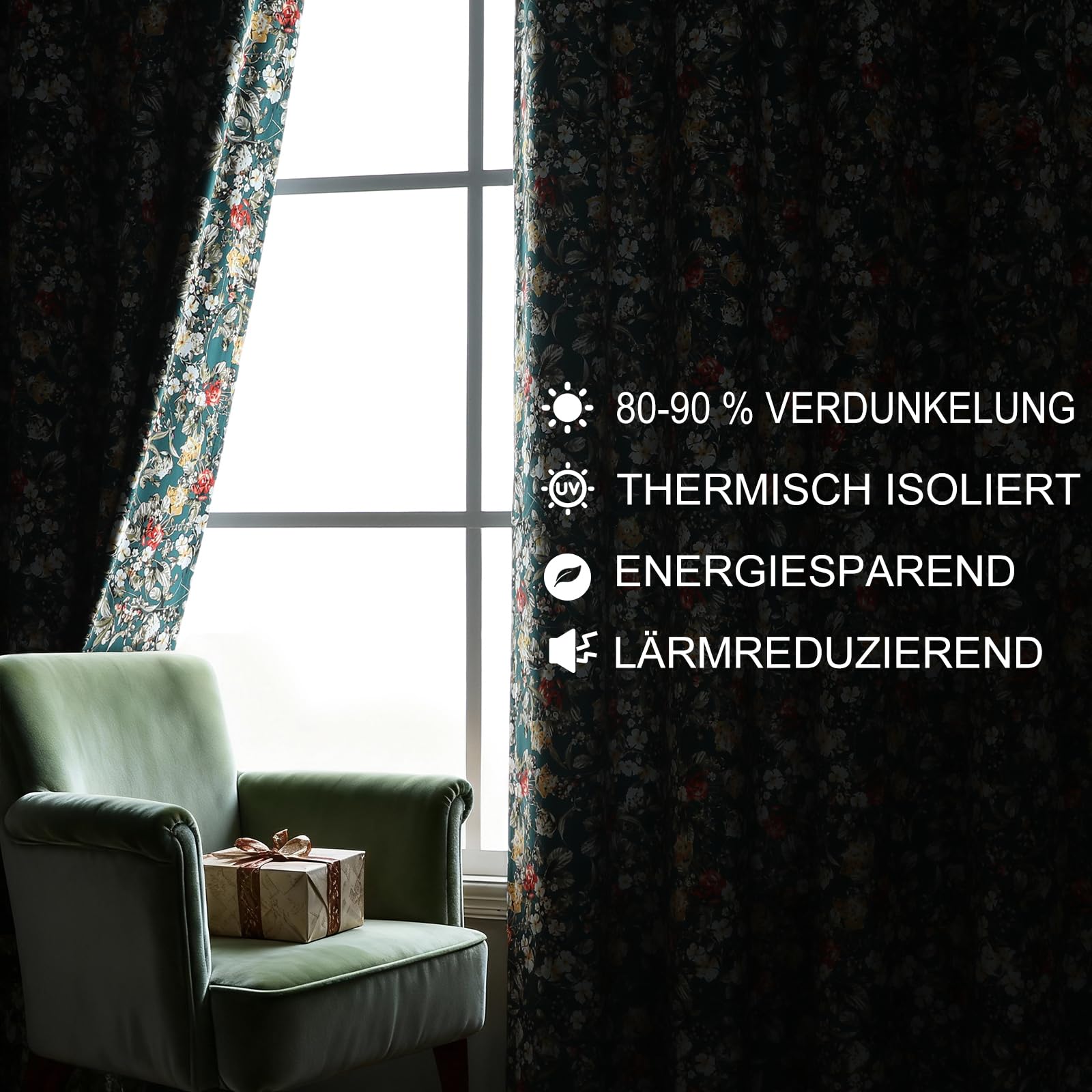 Vintage Blumenmuster grüne Samt-Vorhänge für Schlafzimmer 244 cm, Elegante Wohnraumdeko für Wohnzimmer verdunkelnd wärmeisoliert geräuschreduzierend Ösen Verdunkelungsvorhänge, 132x244 cm, 2er