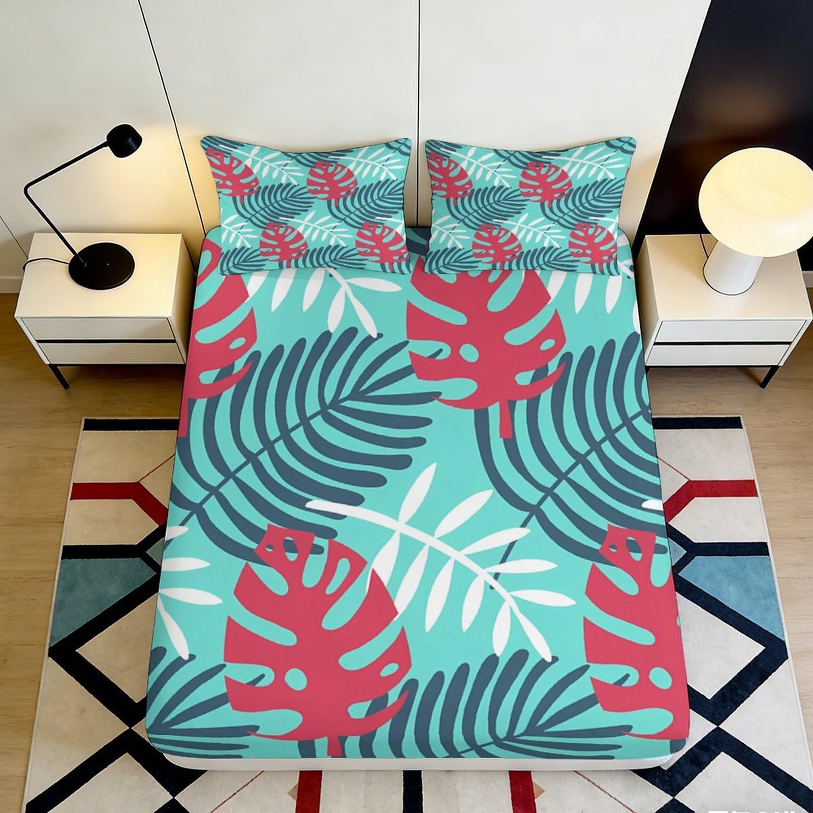 3D Printed Tropical Monstera Fitted Sheet Microfiber Soft Palm Leaf Mattress Cover for Bedroom Dorm Protection Decor 90x200x25cm