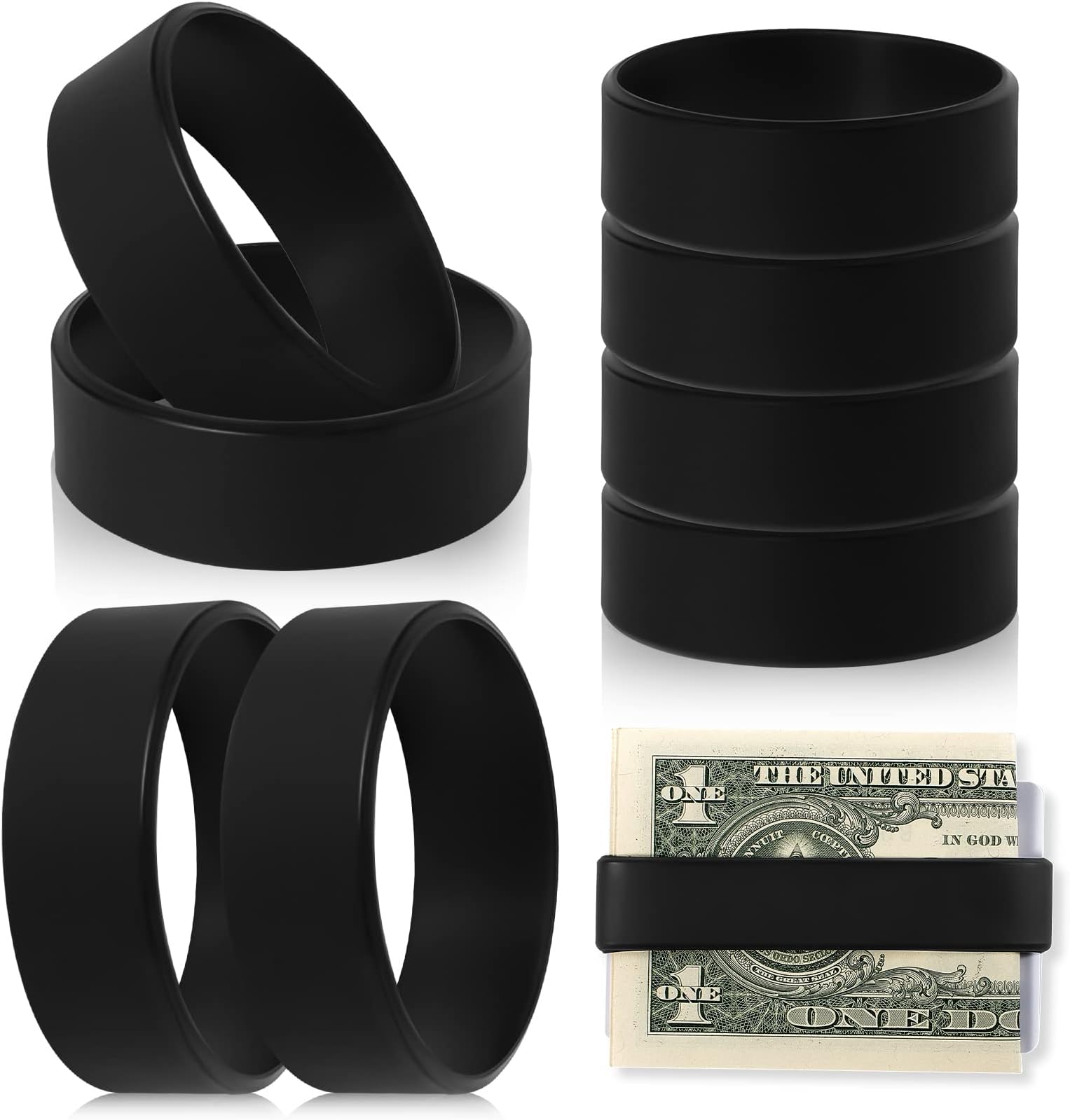 Set of 8 Elastic Money Bands - Silicone Wallet Bands, Cash Card Holder, Money Clip Alternative, with 4 PVC Cards for Men Women (Black)