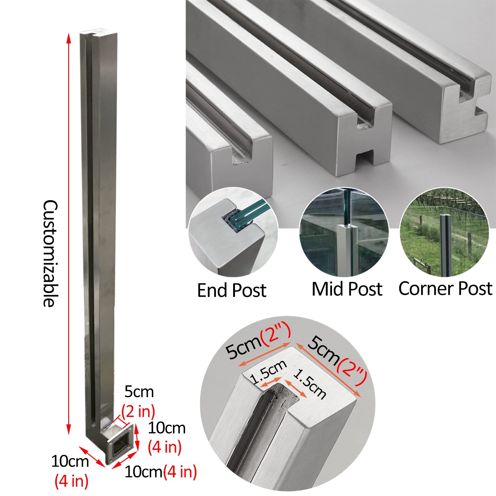 Porch Glass Fence Clamp Pole Stainless Steel Slotted Railing Fence Home Staircase Rails Column, Terrace Balcony Glass Guardrail Post Side Mount for 8-12MM Glass Panels, Square Glass Clamps ( Color : E