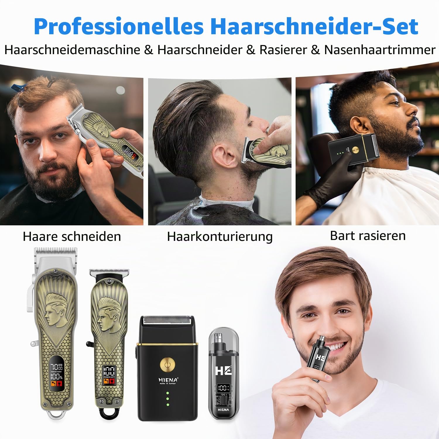 HIENA PRO Professionelle Haarschneidemaschine für Männer, kabellose Haarschneidemaschine für Friseure, Trimmer, LED-Haarschnitt-Set mit Folienrasierer, Nasentrimmer