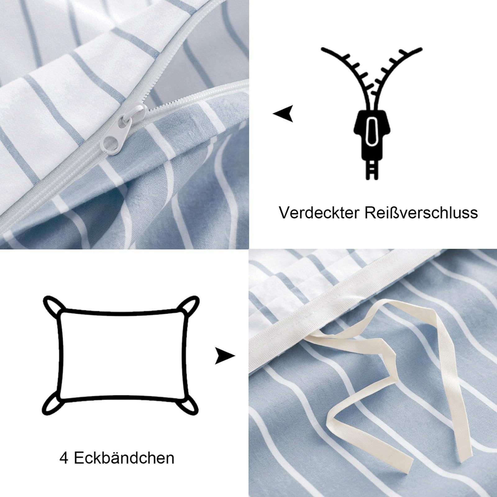 Freyamy Gestreifte Bettwäsche 155x220 Baumwolle Blau Weiß Gestreift Bettwäsche-Sets Aesthetic Streifen ÖKO-TEX Bettbezug 155x220 Deckenbezug mit Reißverschluss und 1 Kissenbezug 80x80cm