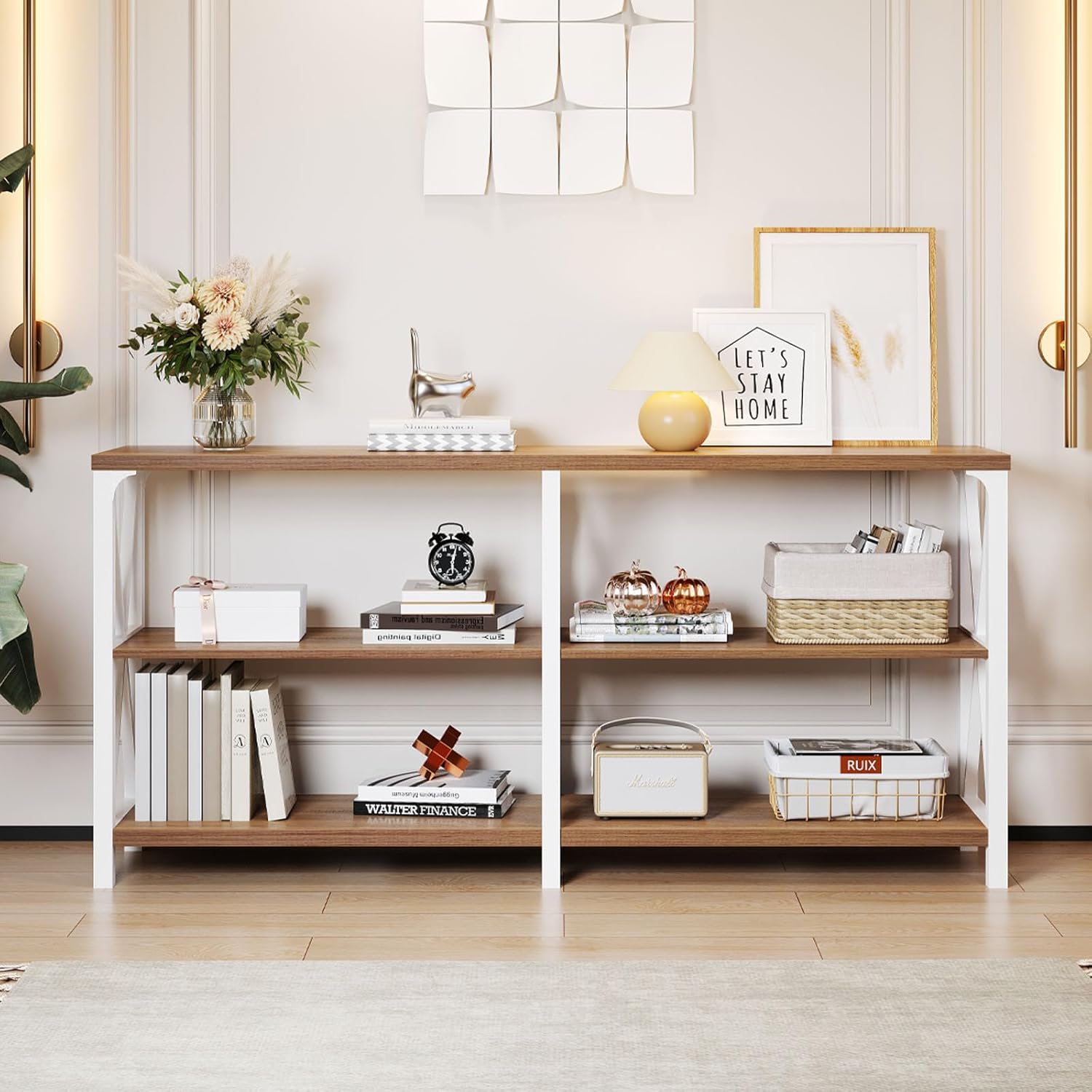 LVB Industrial Entryway Table, Farmhouse Rustic Console Table Behind Couch, Long Metal Sofa Table with Storage Shelf, Modern Hallway Table for Living Room Bedroom,White and Rustic Oak,63 inch