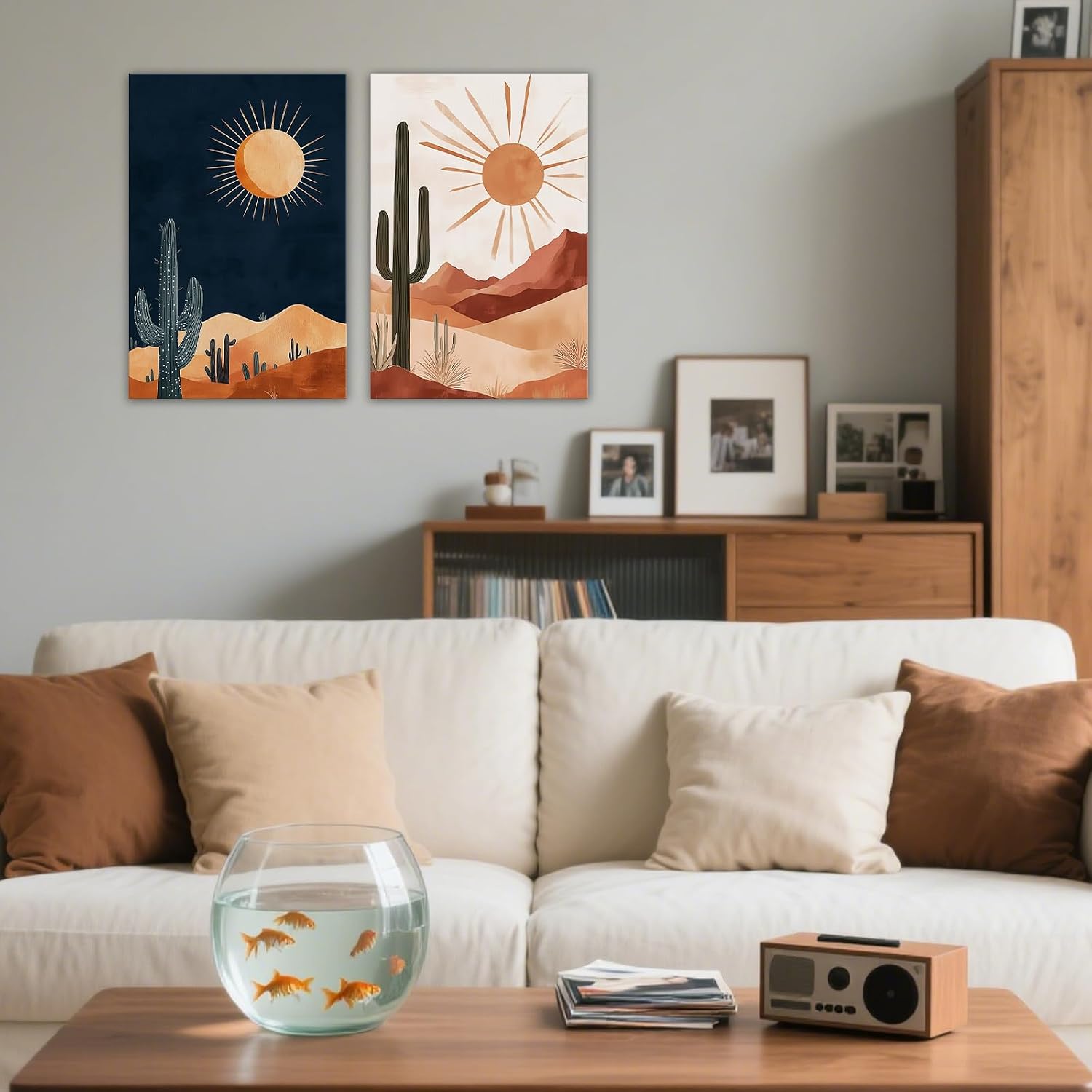 GLOKAKA Desert Cactus Wall Art 2 Pcs Boho Sun Minimalist Painting Print Southwestern Landscape Decor for Living Room Bedroom Bathroom Home(Artwork-3,20"x30"x2pcs)