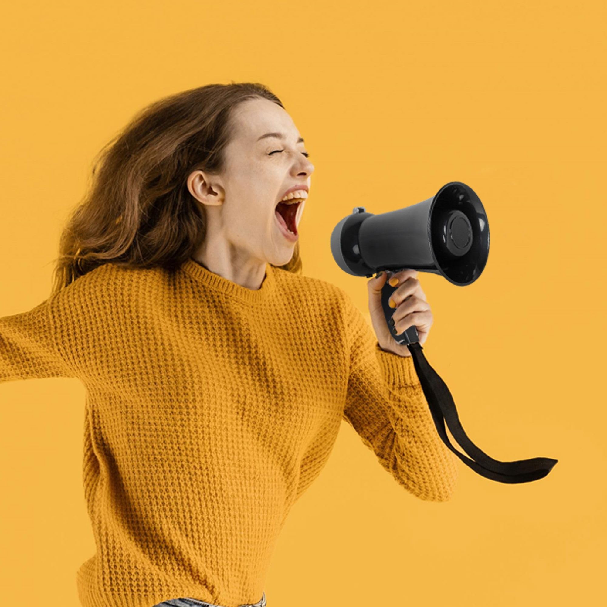 Mini Megáfono 10 W - Función Altavoz y Sirena - Volumen Ajustable - Funciona con 6 Pilas AA - 17 cm - Negro