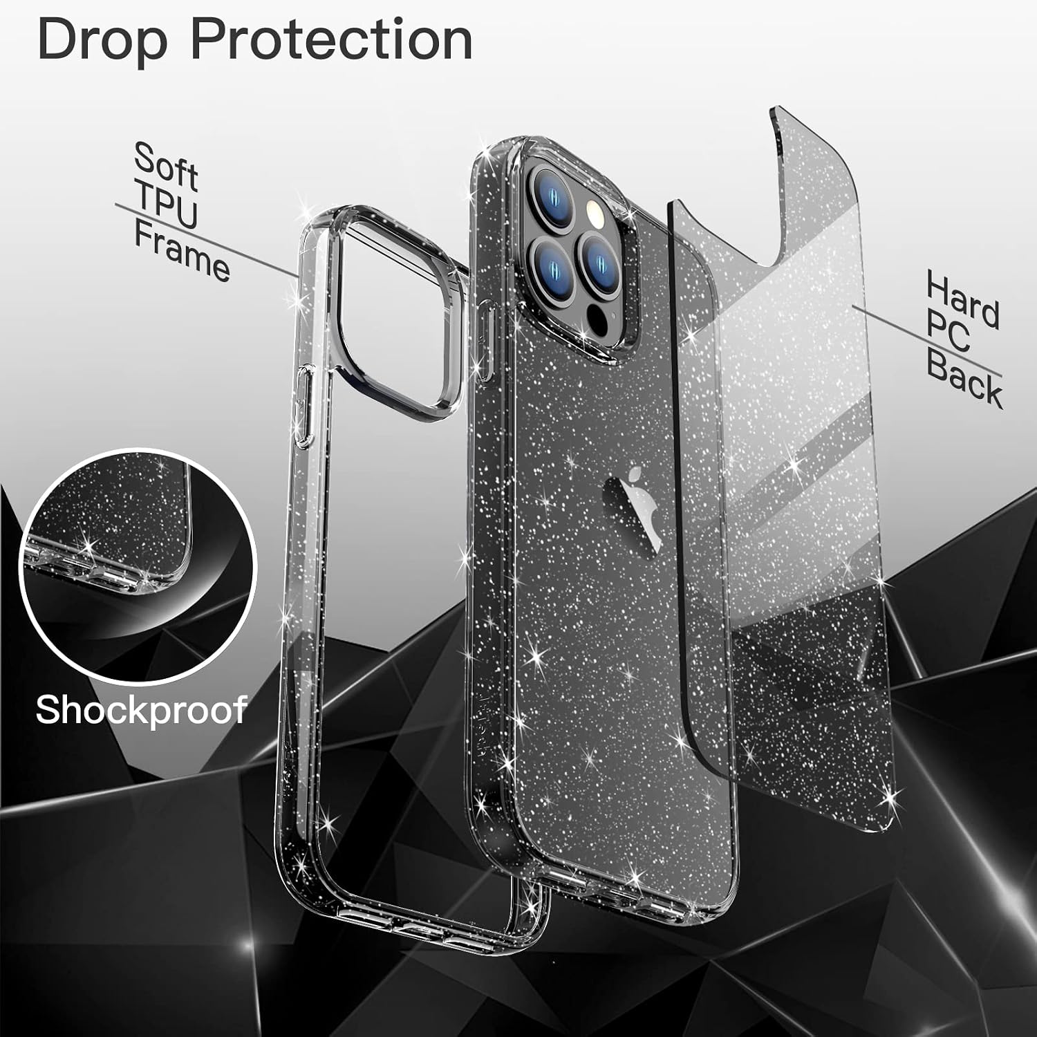 JETech Glitter Case for iPhone 13 Pro 6.1-Inch, Bling Sparkle Shockproof Phone Bumper Cover, Cute Sparkly for Women and Girls (Black)
