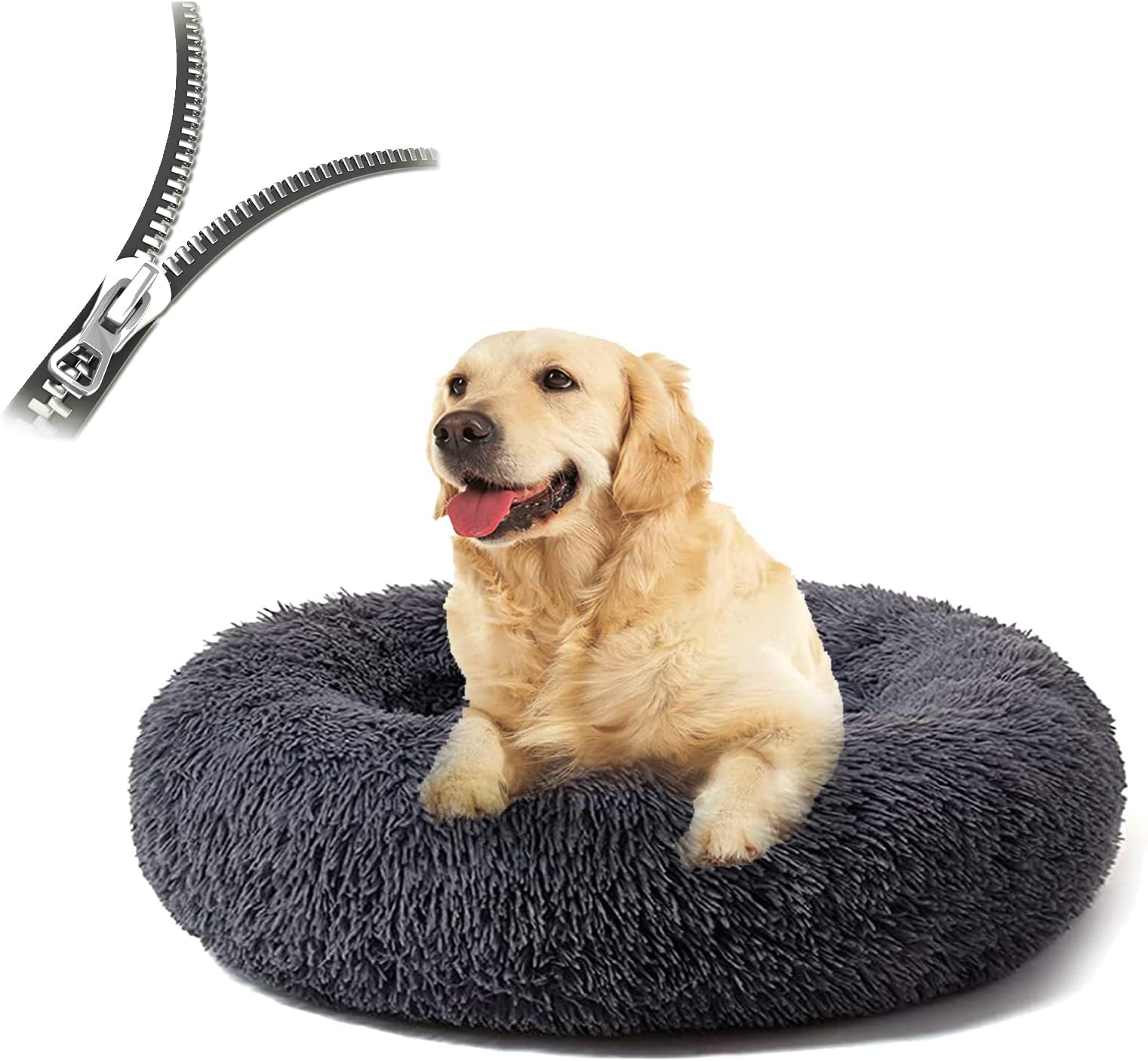 Dog Bed, Cat Bed, Round Fluffy Cat Bed, Removable Washable Dog Cushion, Soft Plush Doughnut Pet Bed for Cats, Dogs (100 cm, Dark Grey)