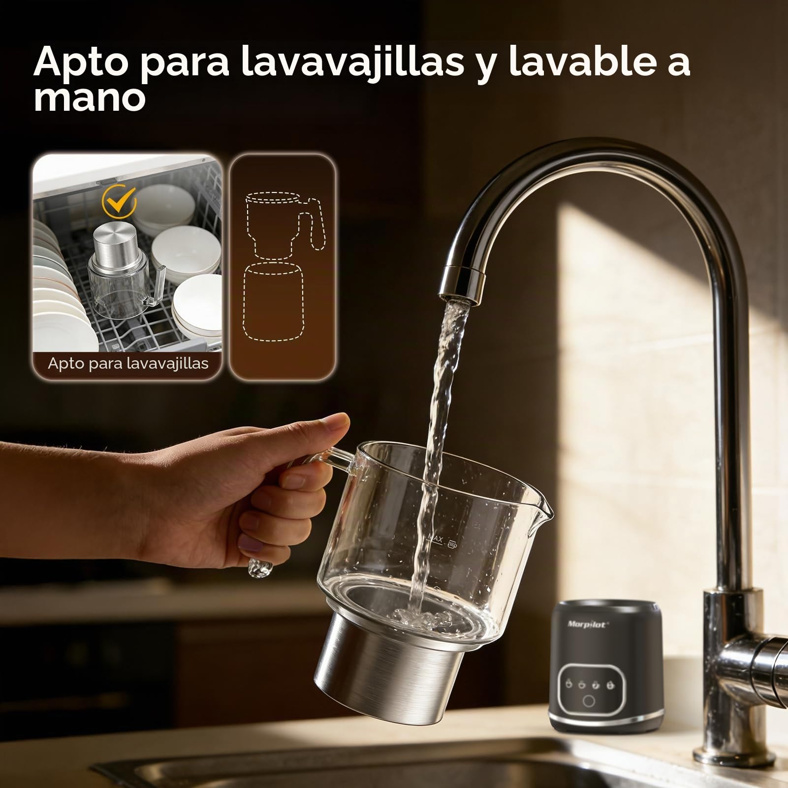 Morpilot Espumador de Leche, Espumador Eléctrico de Vidrio, 4 en 1 Funciones, Capacidad 300ml para Capuchino o 600ml para Leche Caliente, Diseño Separado, Negro