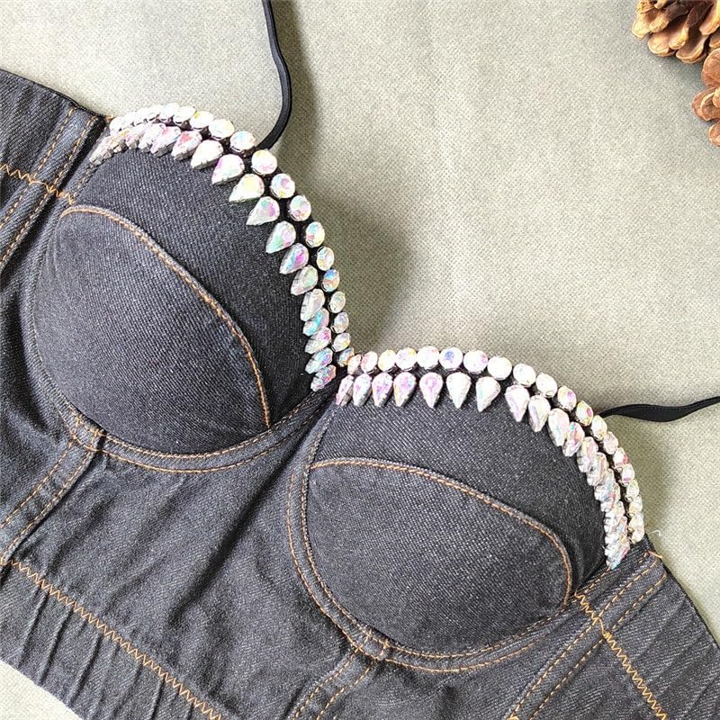 Denim Suspenders For Outer Wear And Diamond-studded Slim Tube Top Water Drop Bright Diamond Hot Girl Top Trend