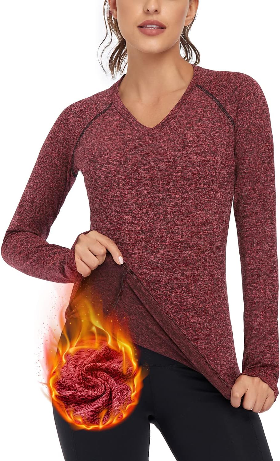 Soneven Women's Thermal Fleece Running Shirts Compression Shirts Quick Dry Workout Pullover Tops with Thumb Holes