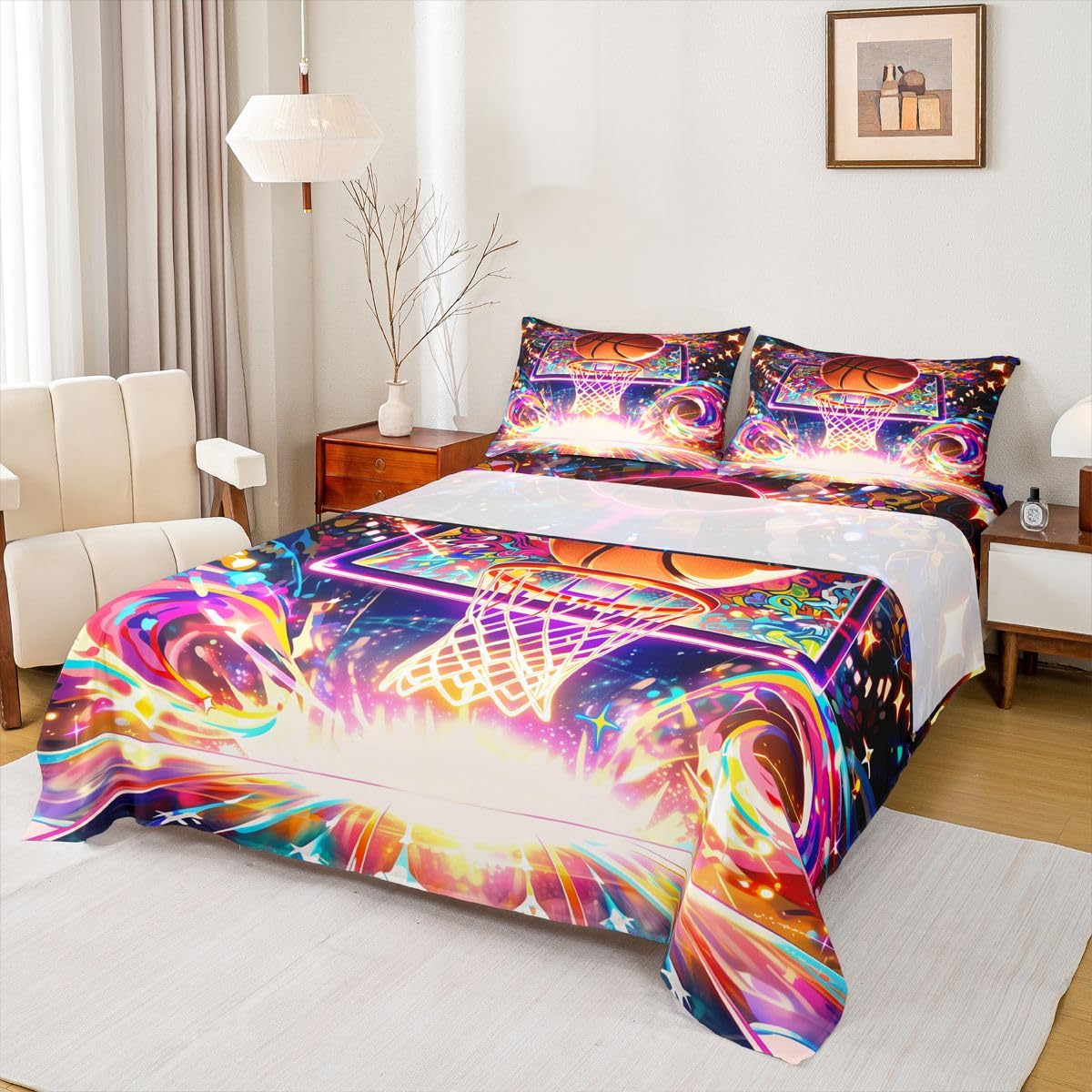Homewish Neonowe prześcieradła do koszykówki, podwójne, kolorowe, graffiti, zestaw pościeli, fajny zestaw pościeli do koszykówki, sport, piłka dla graczy, dopasowane, płaskie prześcieradła, 4 sztuki
