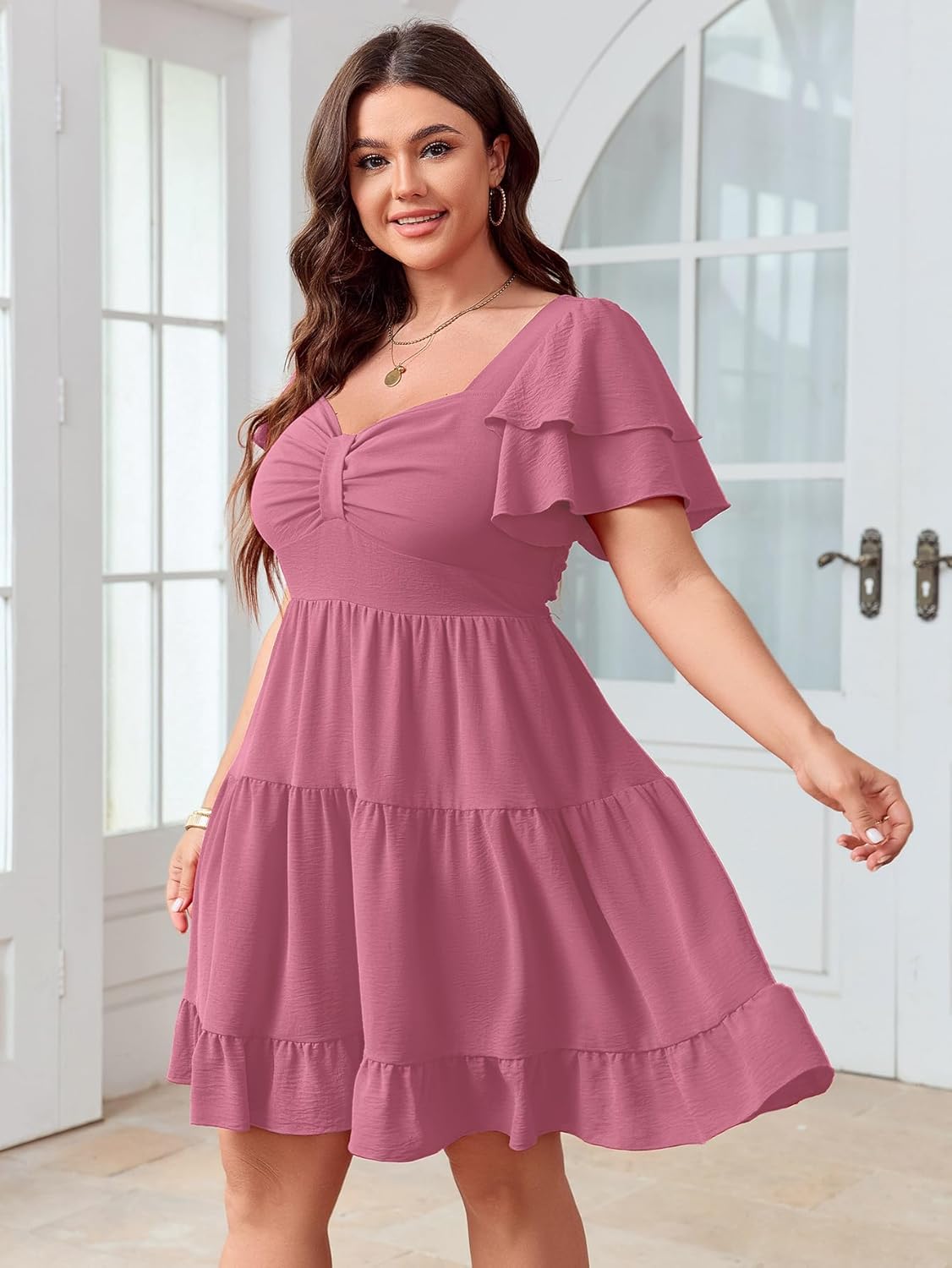 SCOMCHIC Women's Plus Size Summer Dresses Short Sleeve Sweetheart Neckline A Line Cocktail Boho Cute Mini Short Dress - Image 2