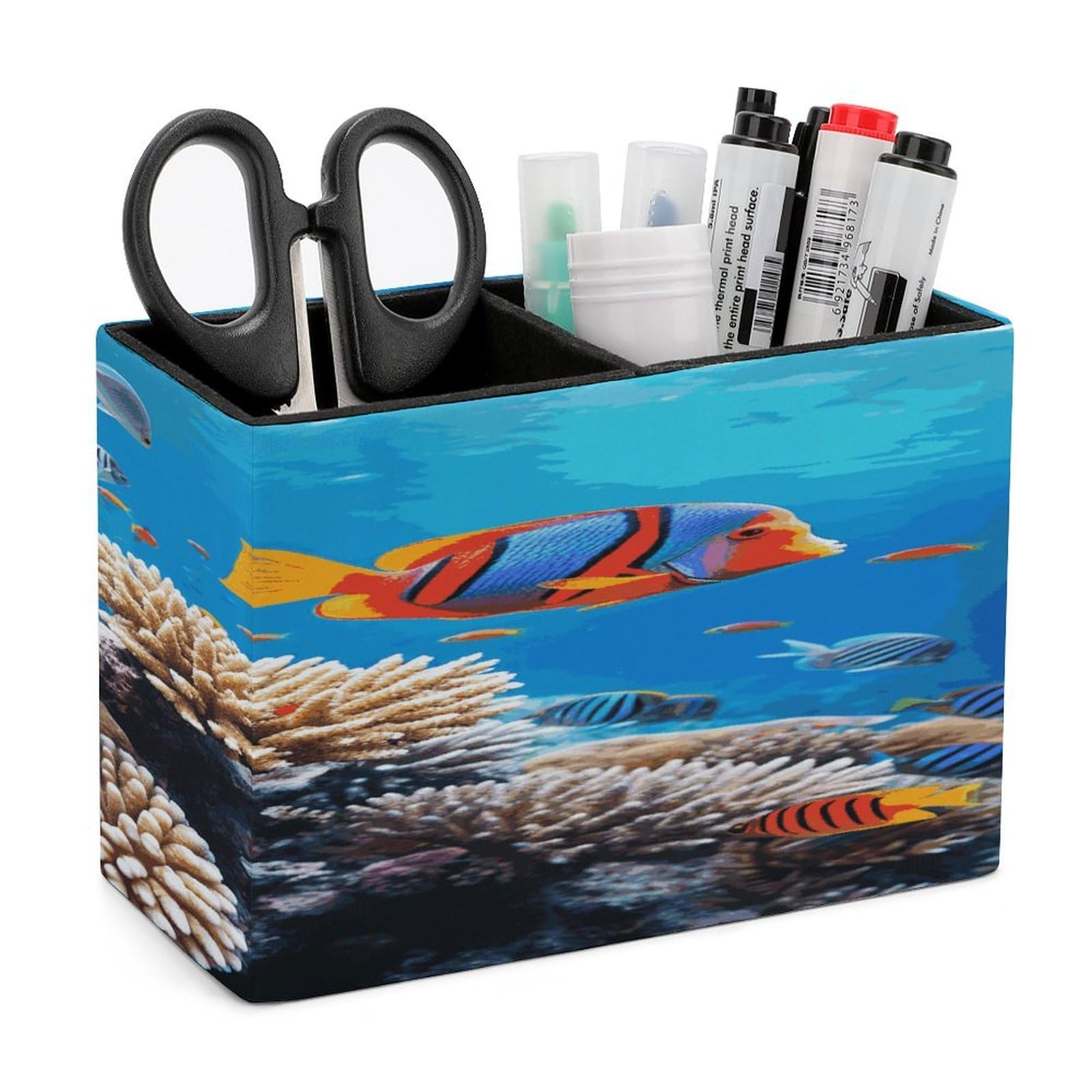 LDGSUPH Ocean Tropical Fish Coral Leather Pen Holder for Desk Organizer Caddy Large Pencil Cup Multi-function Pencil Holder Makeup Brush Holders Pen Organizer for Home Office Storage Box