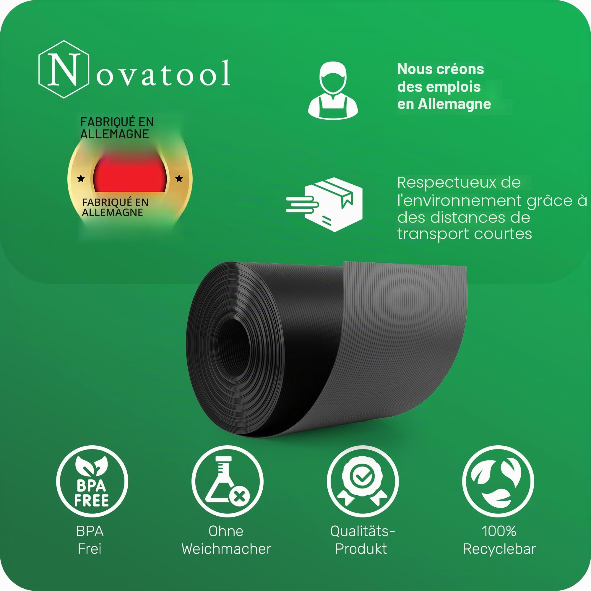 Novatool Rouleau de 25 m de bandes brise-vue PP Premium pour clôture à double fil ANTHRAZIT RAL 7016 - 19 cm pour 10 rangées de panneaux grillagés - Brise-vue GRIS avec rainures - Éléments de clôture