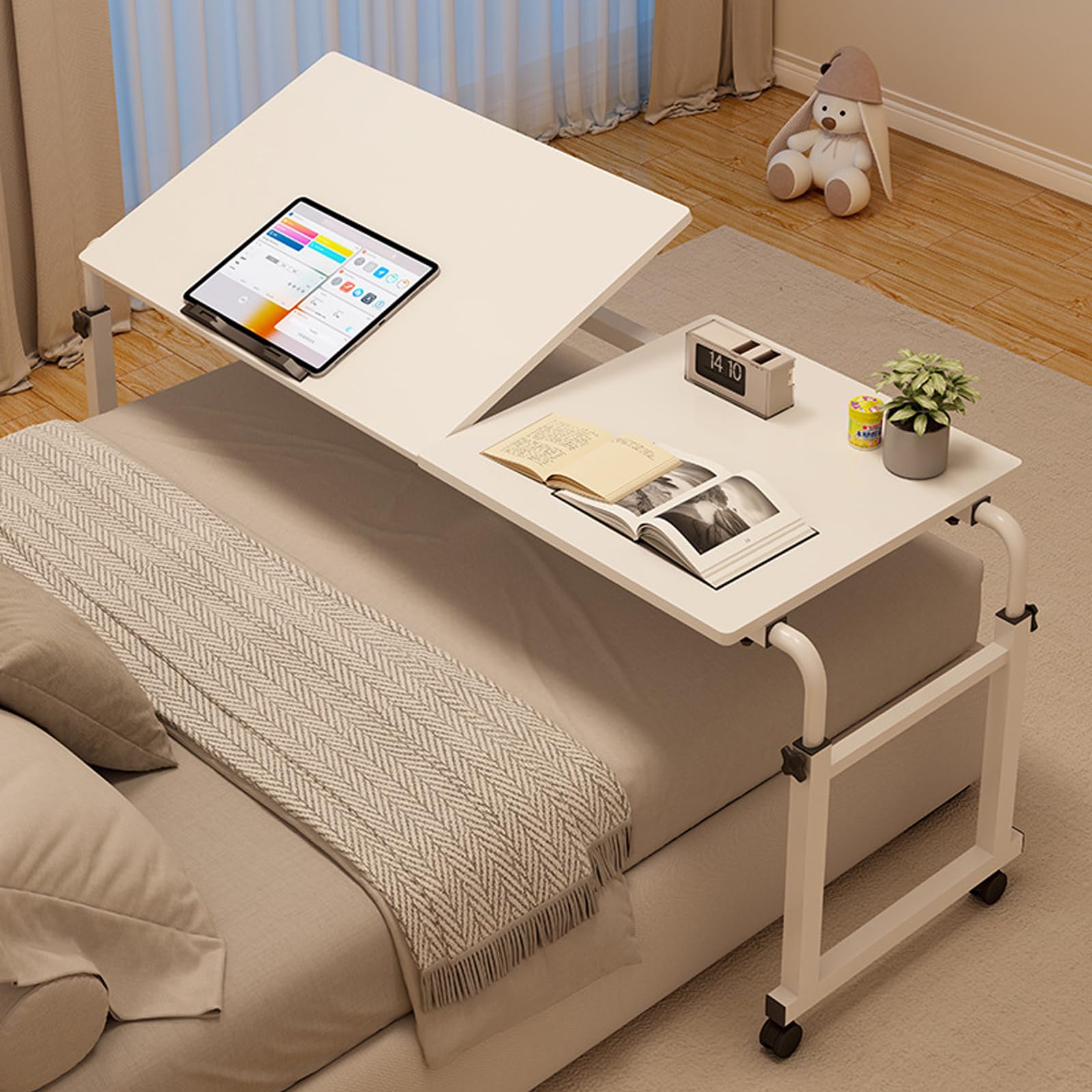 Mesa de cama con ruedas, 120 x 40 cm, mesa móvil sobre la cama, computadora portátil sobre la cama, altura ajustable, estante de inclinación, escritorio plegable, conveniente lectura y escritura, para