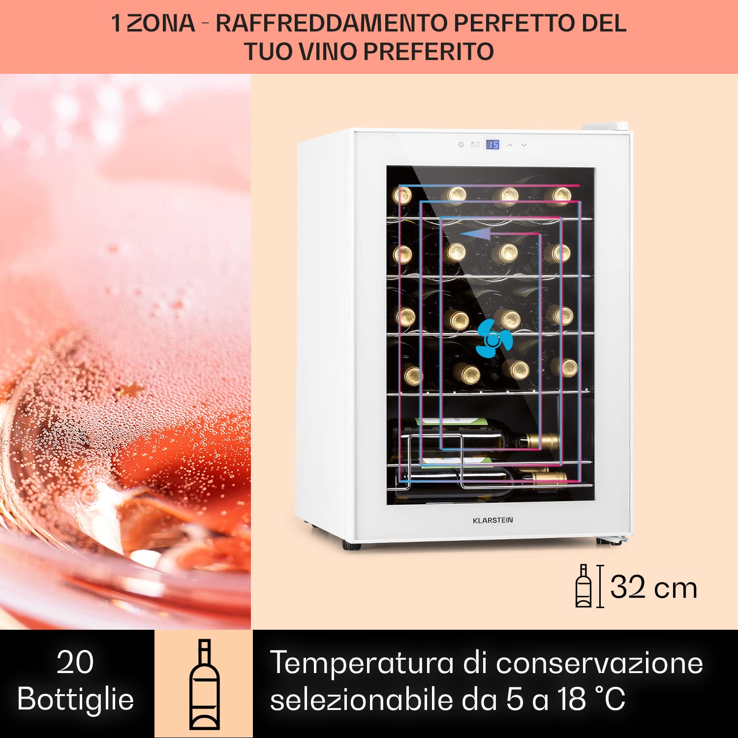 KLARSTEIN Cantinetta Vino Design, Cantinetta Vino Refrigerata a Zona Singola per Vino Rosso, Bianco e Birra, Controlli Touch, Frigo Vino Cantinetta per Esterno/Interno, 5-18°C, 53L, 20 Bottiglie