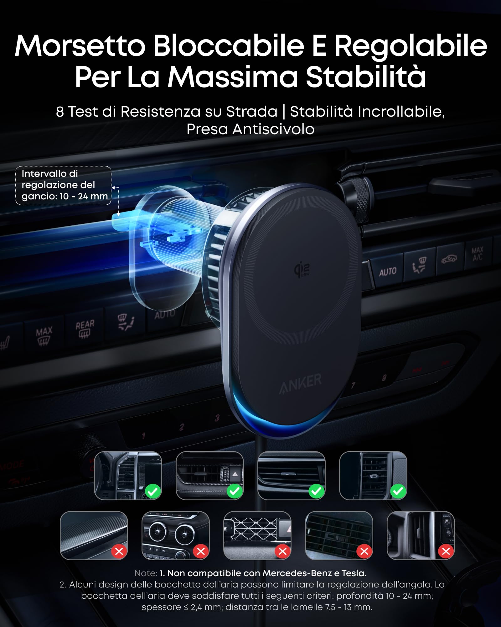 Anker Prime Caricatore Auto MagSafe Qi2 25W con Raffreddamento TEC, Supporto Bocchetta Aria per iPhone Serie 17-12