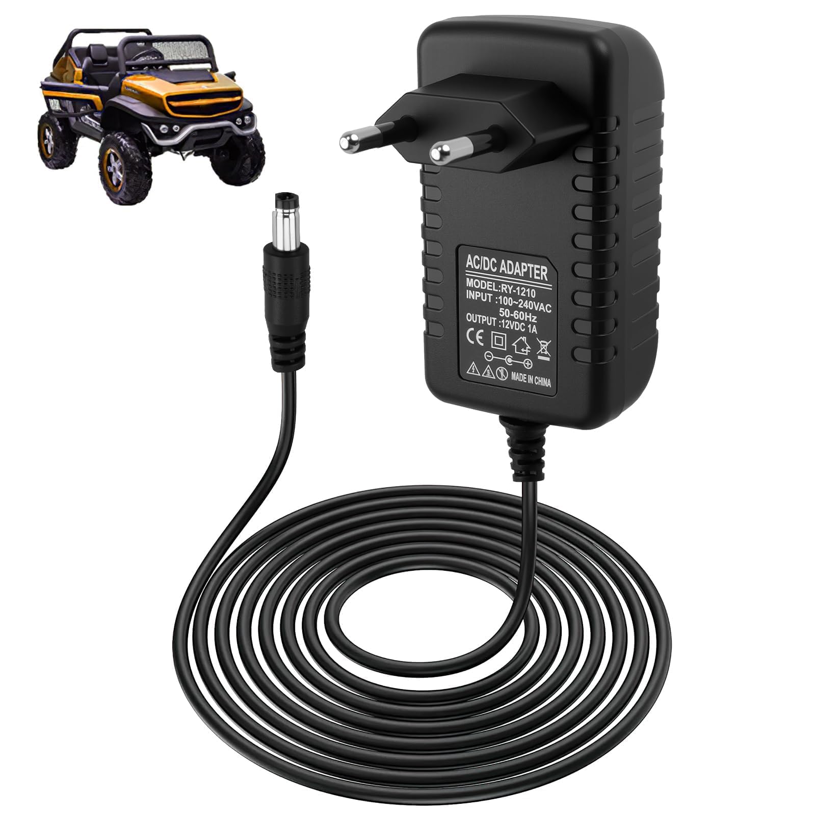 Caricabatterie 12V 1A per Bambini Guida Elettrica con Auto, 12V Caricatore per Guida Elettrica su Giocattoli motociclette elettriche per bambini SUV ATV Quad Moto, Connettore 2,1 mm x 5,5 mm
