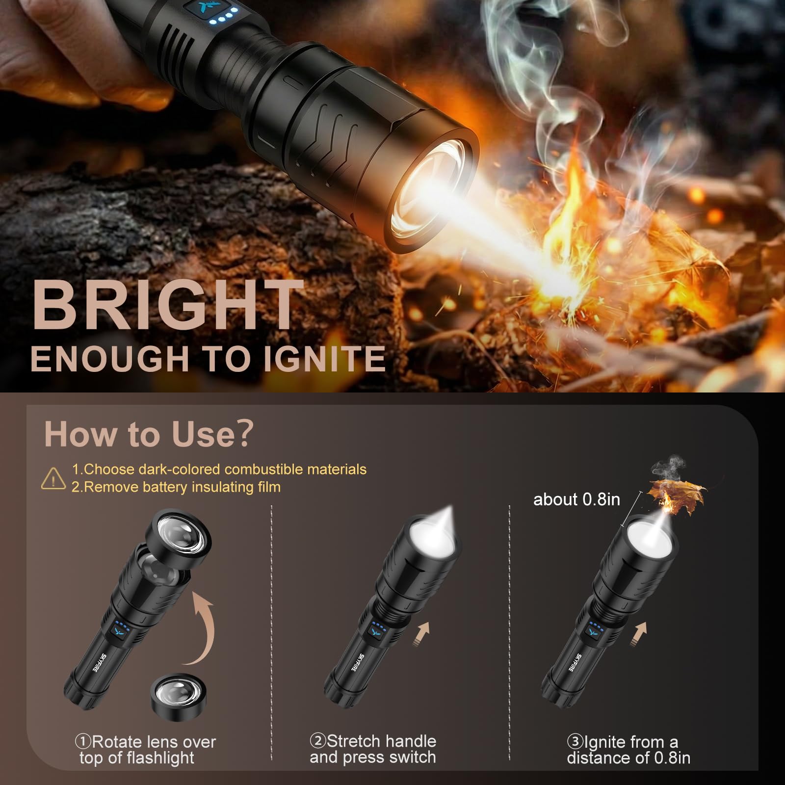 SKYFIRE Torcia LED Potente Professionale | 900.000 Lumen Torcia Ricaricabile USB, 4 Modalità Luminose con Zoom | Lente Accendi-Fuoco | Impermeabile, ideale per Campeggio, Militare ed Emergenze