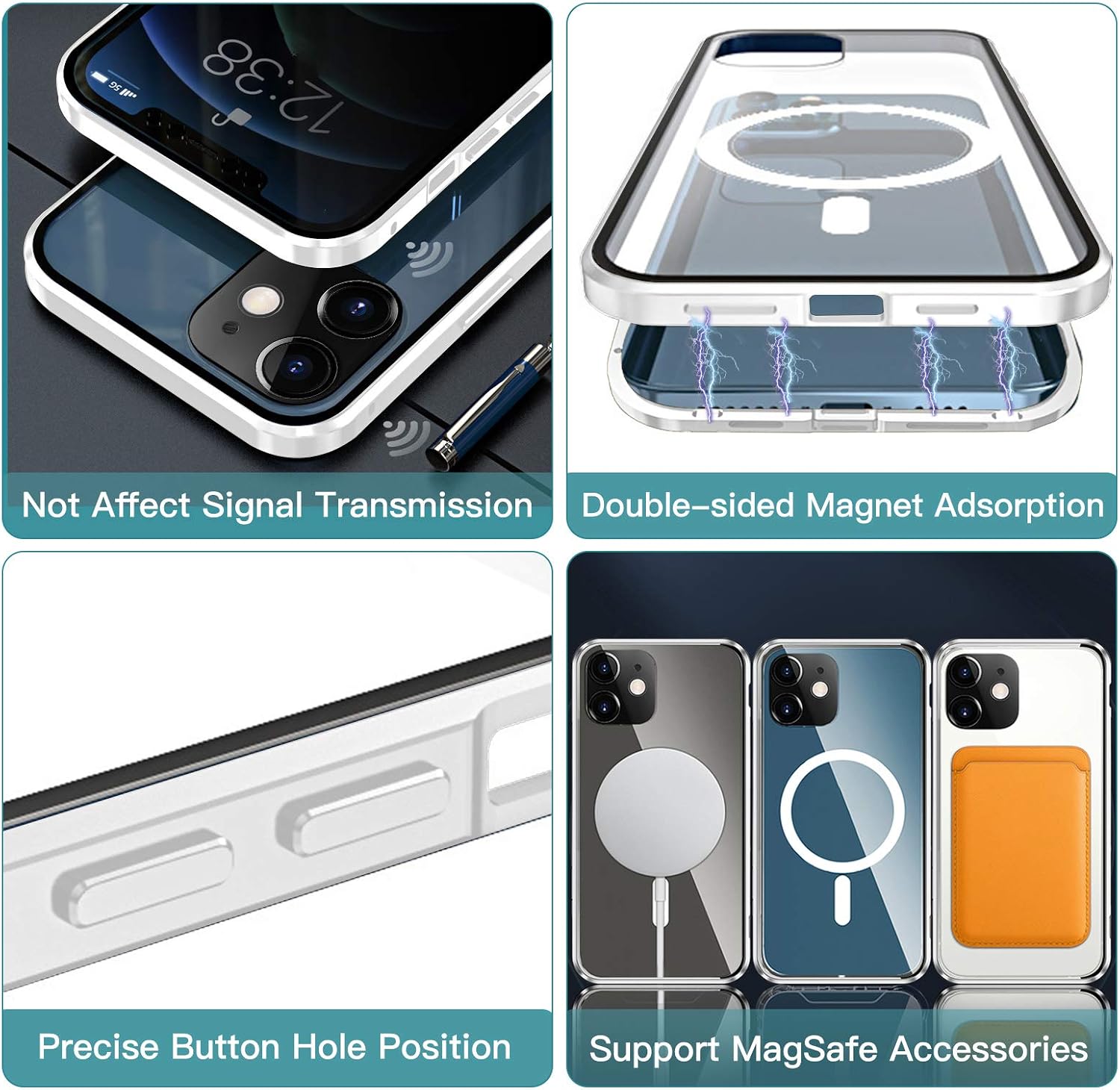 OFOCASE Magnetic Case for iPhone 12 Mini, HD Double Sided Crystal Clear Glass Case Compatible with Magsafe [Built-in Magnetic Circle] Magnet Metal Bumper Cover for iPhone 12 Mini - Silver, 5.4"