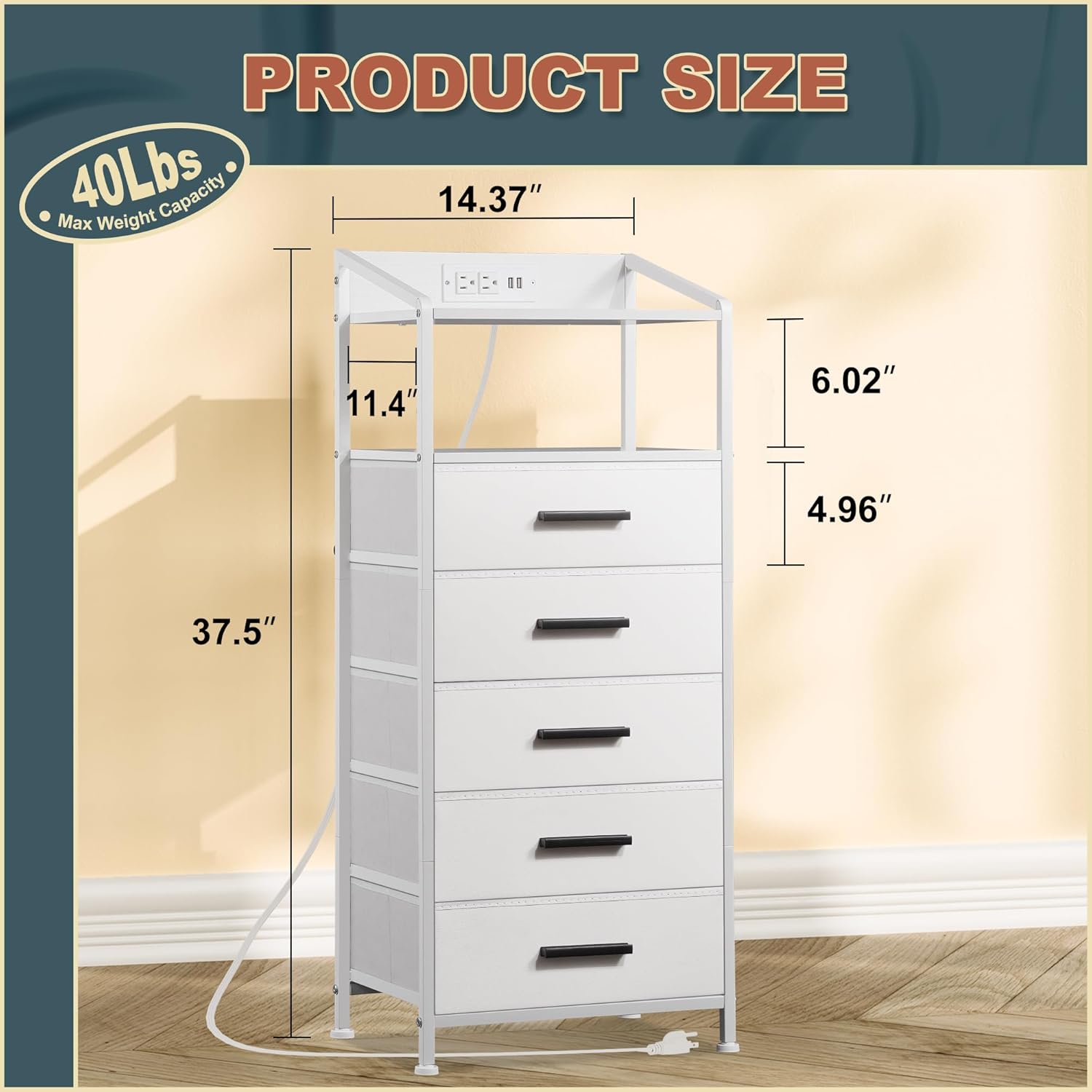 Condition photo showing New/Like New for nightstand 5 drawer dresser with led lights and charging station, vertical side table with fabric drawers, end table with open shelf, tall dresser for bedroom, hallway, entryway, white 5 drawers white - led