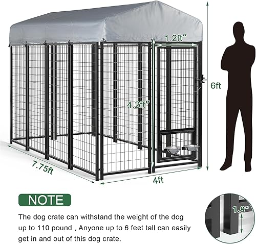 Miniatura 6 de PUKAMI Perrera exterior de 8 x 4 x 6 pies para perros grandes, alambre soldado de alta resistencia, valla para perros con techo y cuenco giratorio