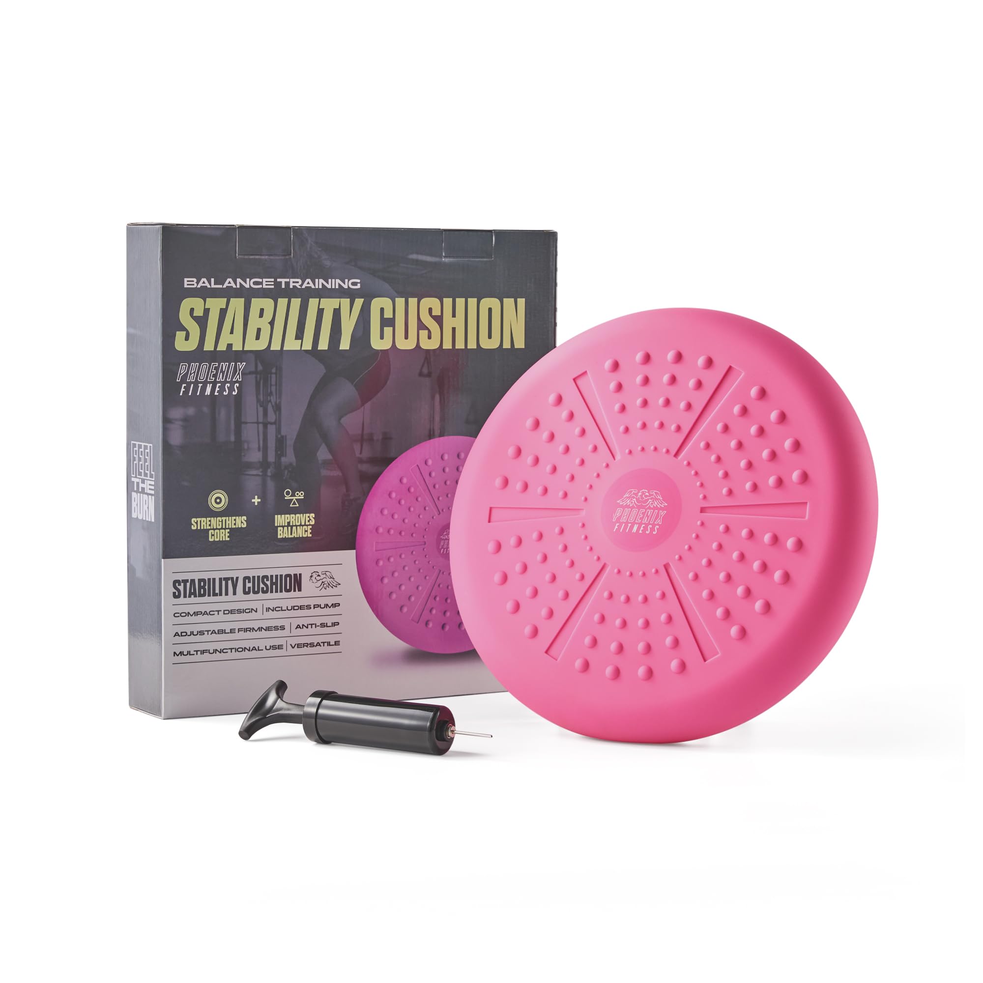 Phoenix Fitness Wobble Cushion – Balance Disc Stability Cushion with Hand Pump – Non-Slip Core Strength Trainer for Balance, Physio, & Posture – Sensory Wiggle Seat for Kids & Adults | Pink