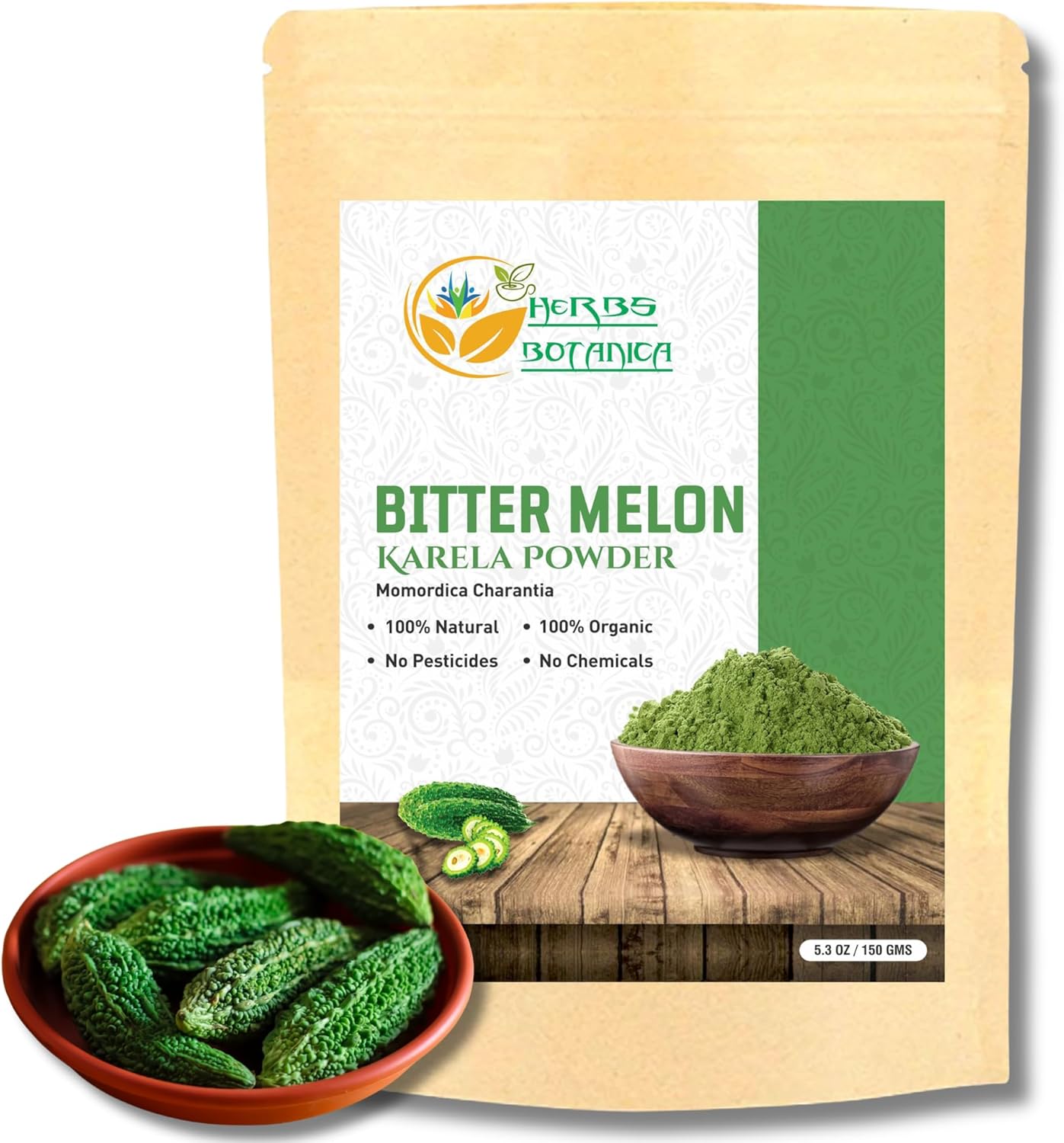 Herbs Botanica Bitter Melon Powder| Karela Powder | Momordica Charantia 100% Organic Non GMO | Gluten Free | Promotes Healthy Lifestyle 5.3 oz / 150 GMS