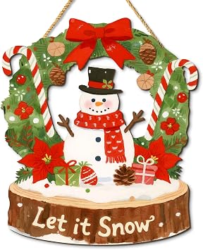 Christmas Wreaths for Front Door, Wooden Indoor Wreath Decor Hanging Christmas Decorations, 10.2x11.8 Winter Snowman Welcome Sign Lets It Snow Xmas Party Gifts