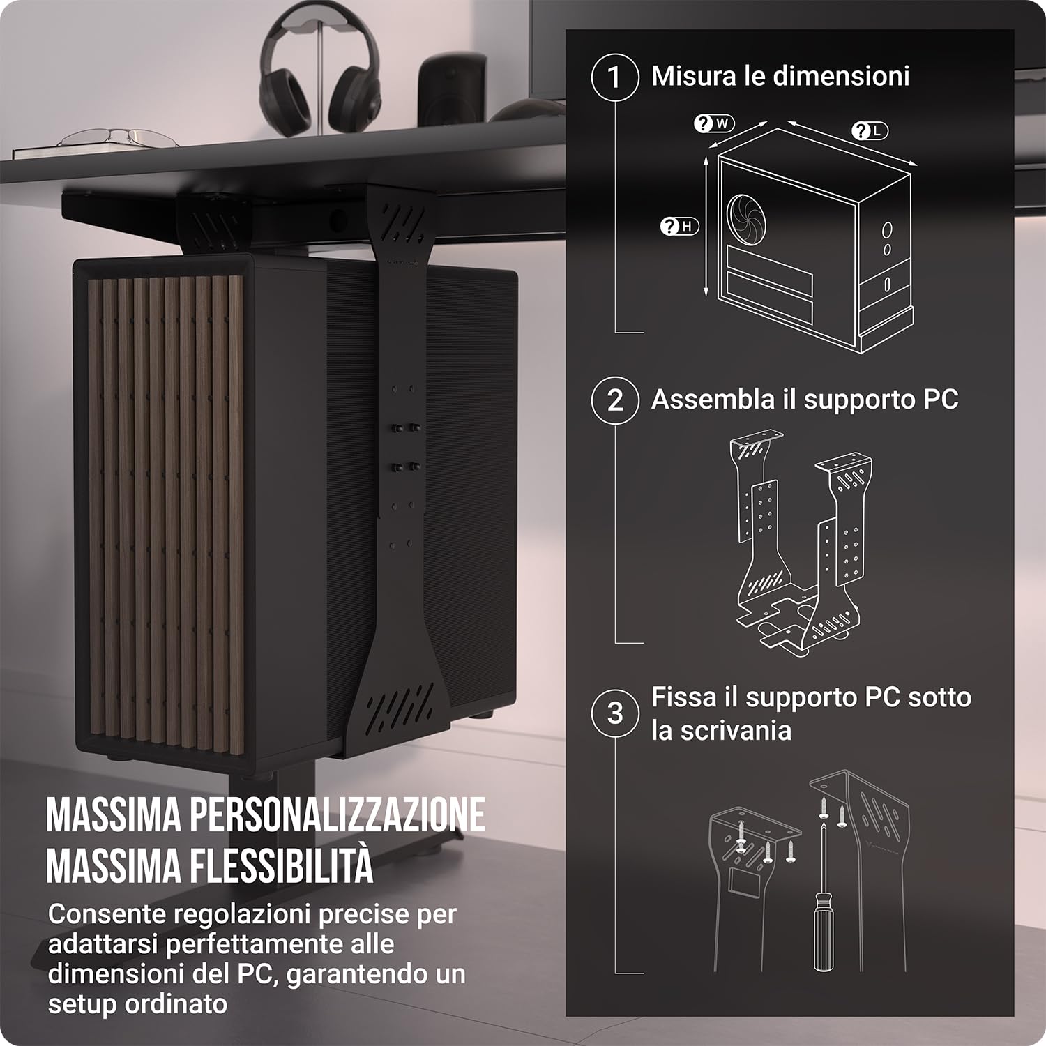 Carico pesante supporto PC scrivania – Fino a 35 kg – Personalizzabile staffe per pc - Supporto computer scrivania - Supporto case pc - Porta pc fisso (nero)