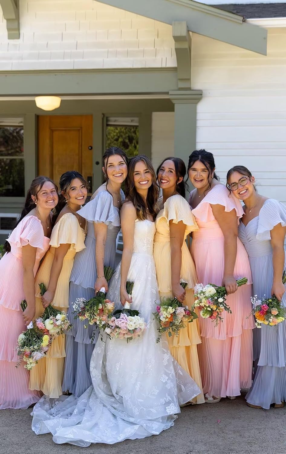 Mollyevers Tiered Ruffle Chiffon Bridesmaid Dresses for Women Long Pleated Formal Evening Dress with Sleeves