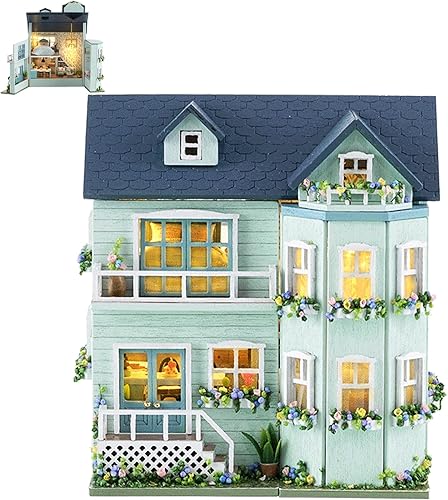 Miniatura 7 de Spilay Casa de muñecas - Kit de muebles de madera en miniatura para bricolaje, mini casa de muñecas hecha a mano con LED, escala 124, juguetes